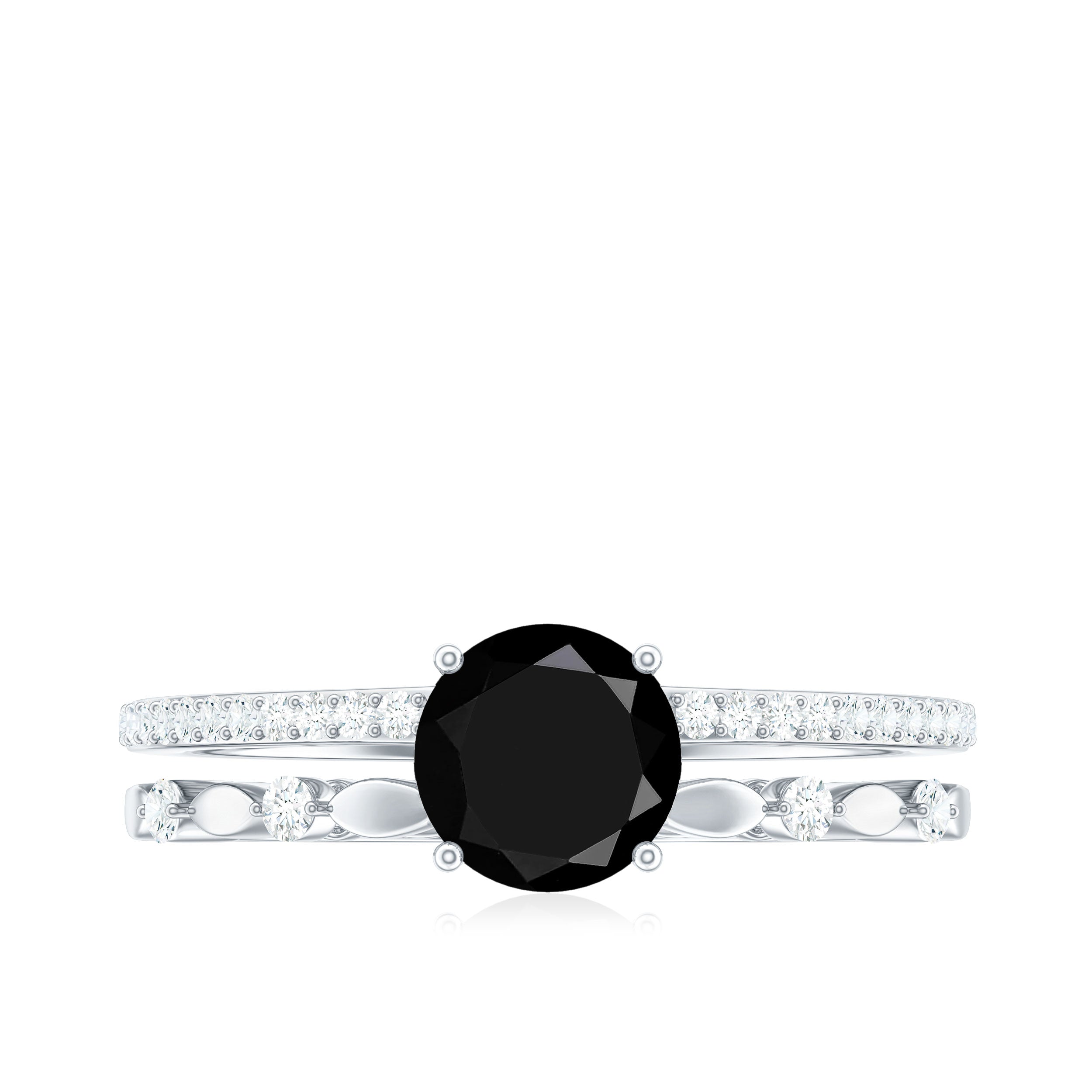 7 MM Black Onyx Double Band Solitaire Engagement Ring with Diamond Black Onyx - ( AAA ) - Quality - Rosec Jewels