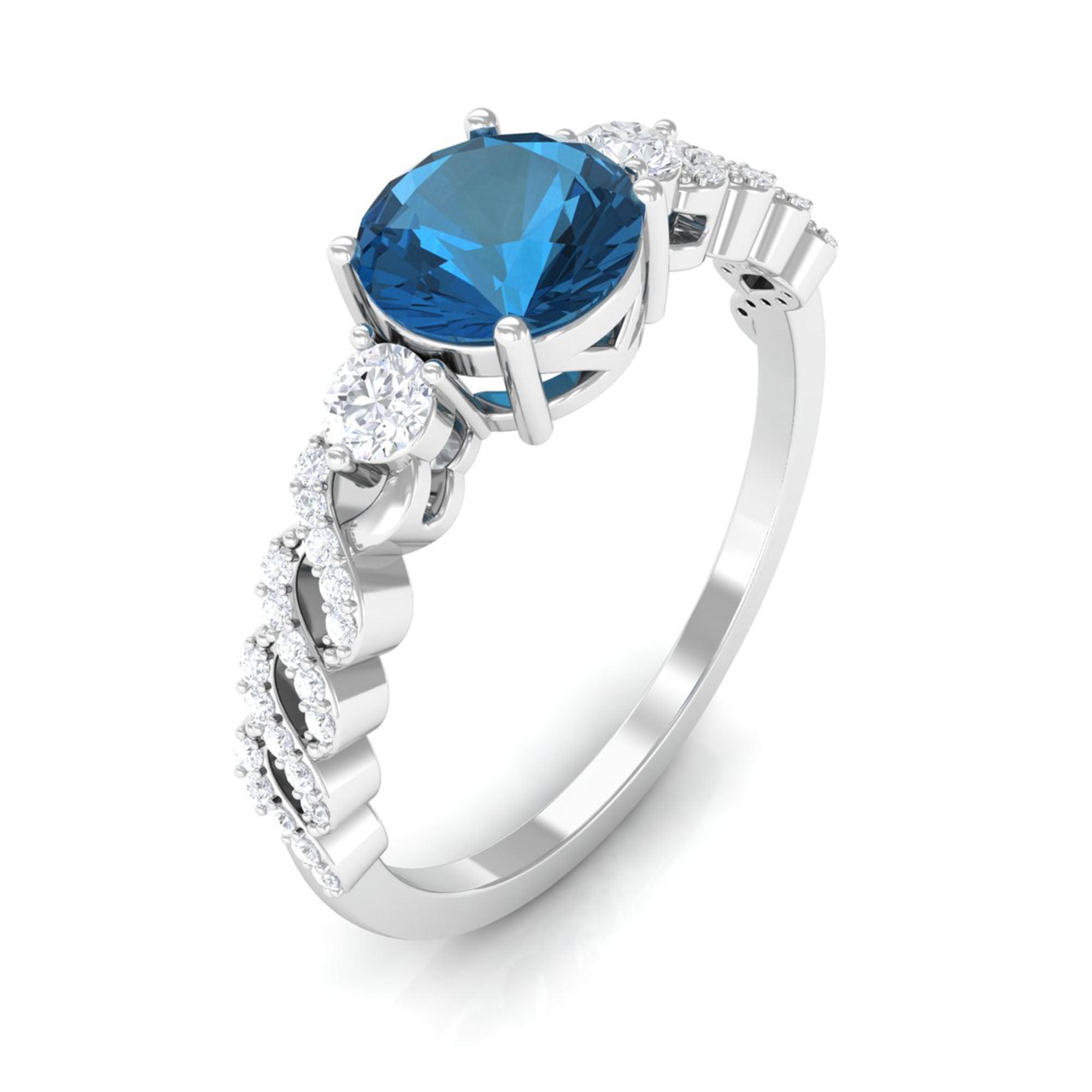 Round Shape London Blue Topaz Designer Engagement Ring with Diamond Side Stones London Blue Topaz - ( AAA ) - Quality - Rosec Jewels