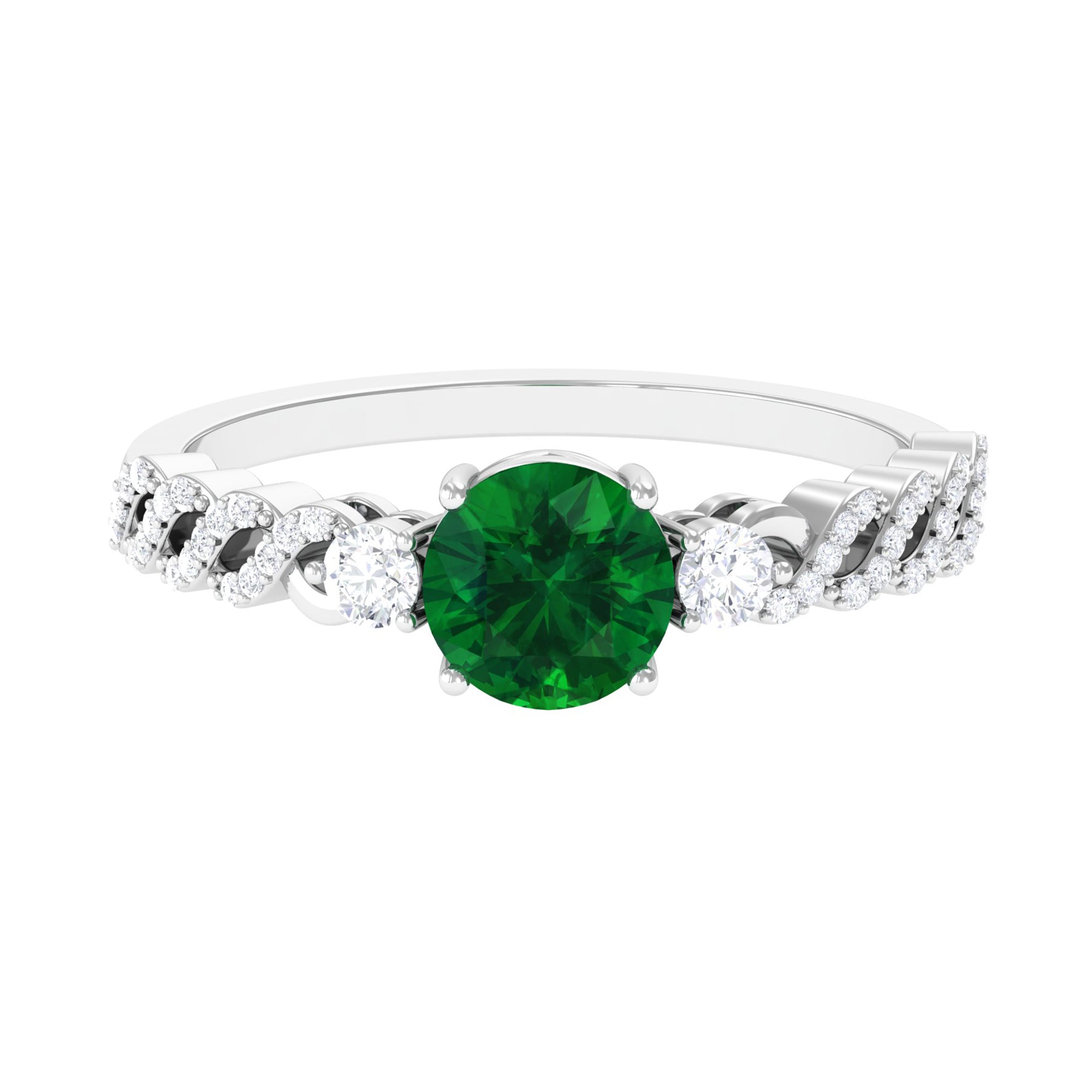 Round Shape Created Emerald Designer Engagement Ring with Diamond Side Stones Lab Created Emerald - ( AAAA ) - Quality - Rosec Jewels