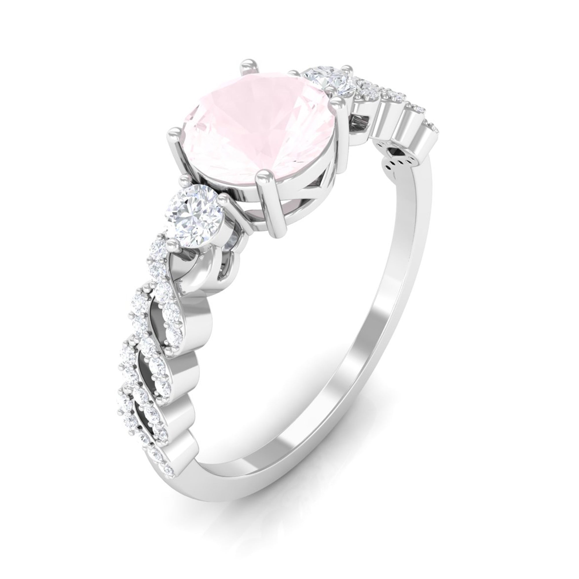 Round Shape Rose Quartz Designer Engagement Ring with Diamond Side Stones Rose Quartz - ( AAA ) - Quality - Rosec Jewels