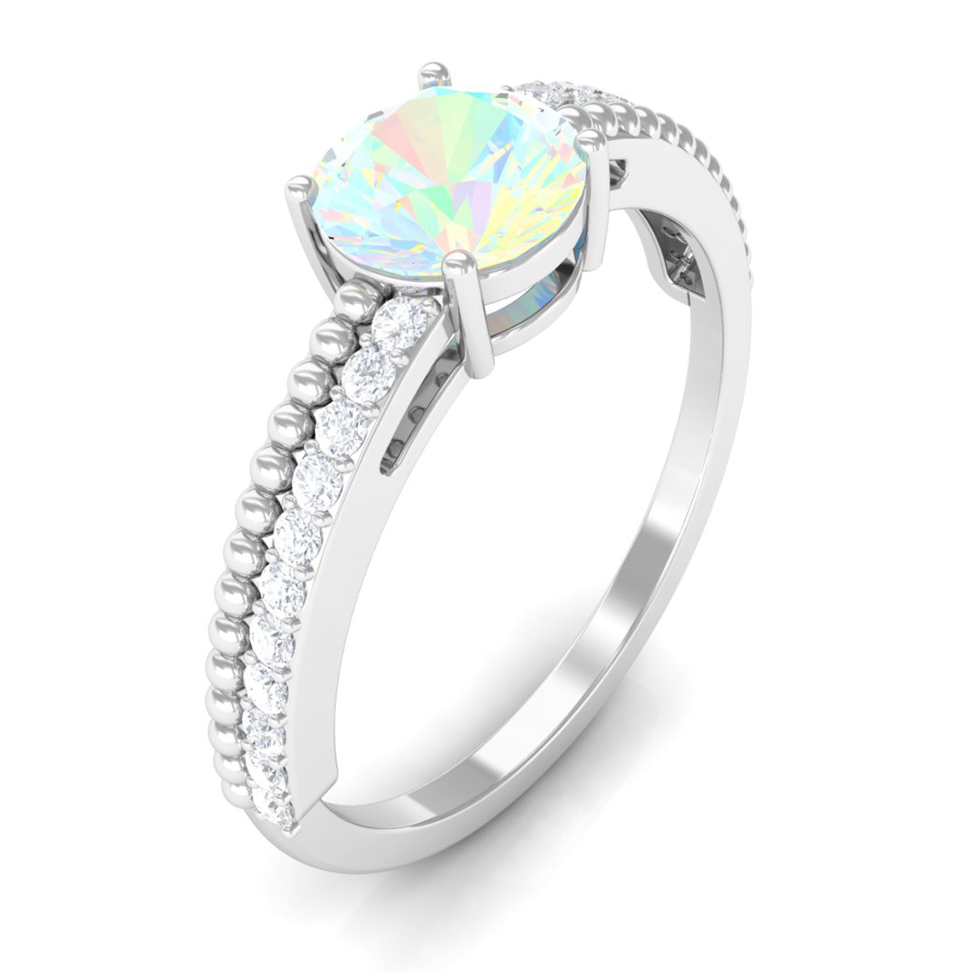 Round Ethiopian Opal Solitaire Ring with Diamond Side Stones Ethiopian Opal - ( AAA ) - Quality - Rosec Jewels