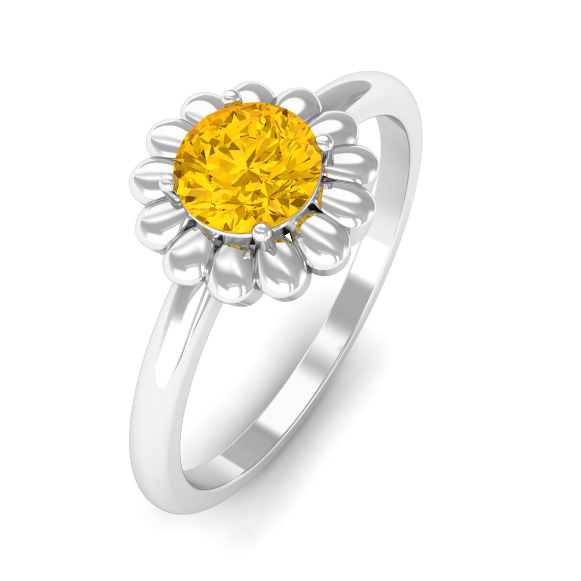 1/2 CT Round Cut Solitaire Yellow Sapphire Gold Flower Engagement Ring Yellow Sapphire - ( AAA ) - Quality - Rosec Jewels