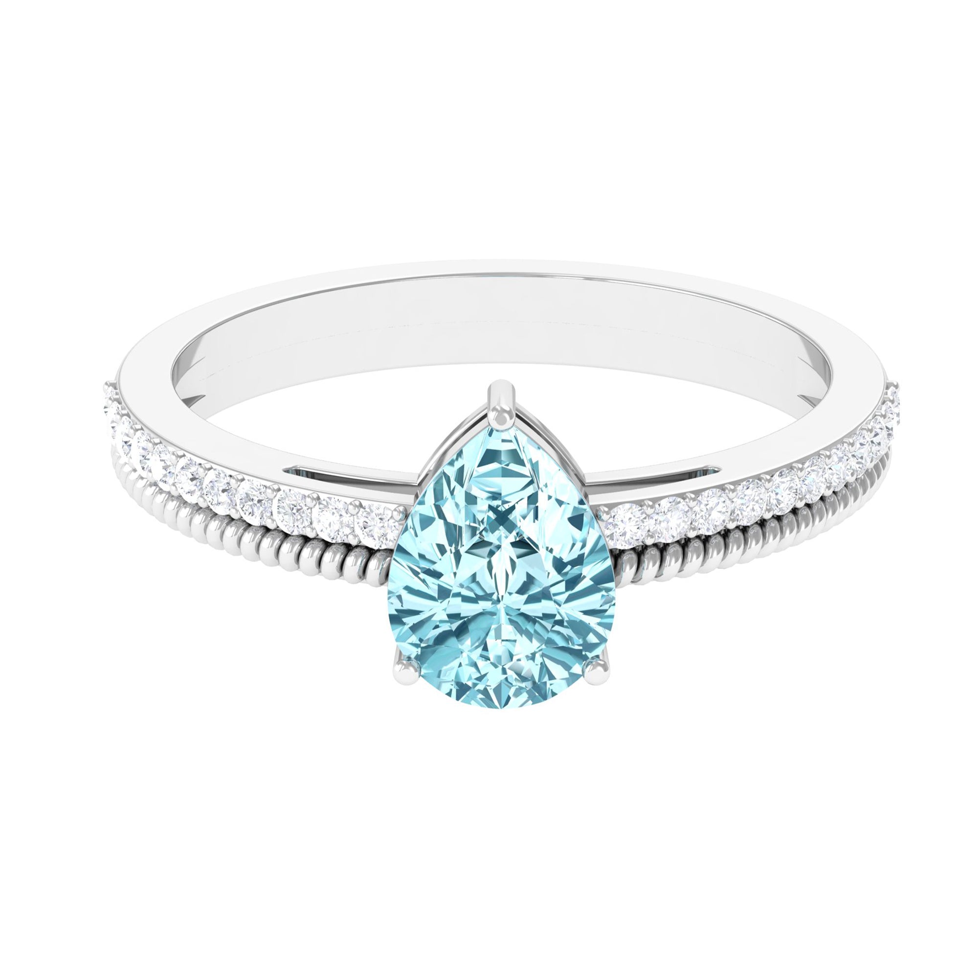 Pear Shape Aquamarine and Diamond Solitaire Ring with Twisted Rope Details Aquamarine - ( AAA ) - Quality - Rosec Jewels