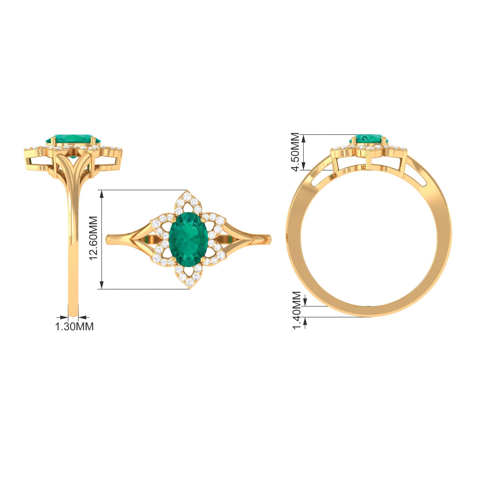 Oval Emerald and Diamond Flower Engagement Ring in Split Shank Emerald - ( AAA ) - Quality - Rosec Jewels