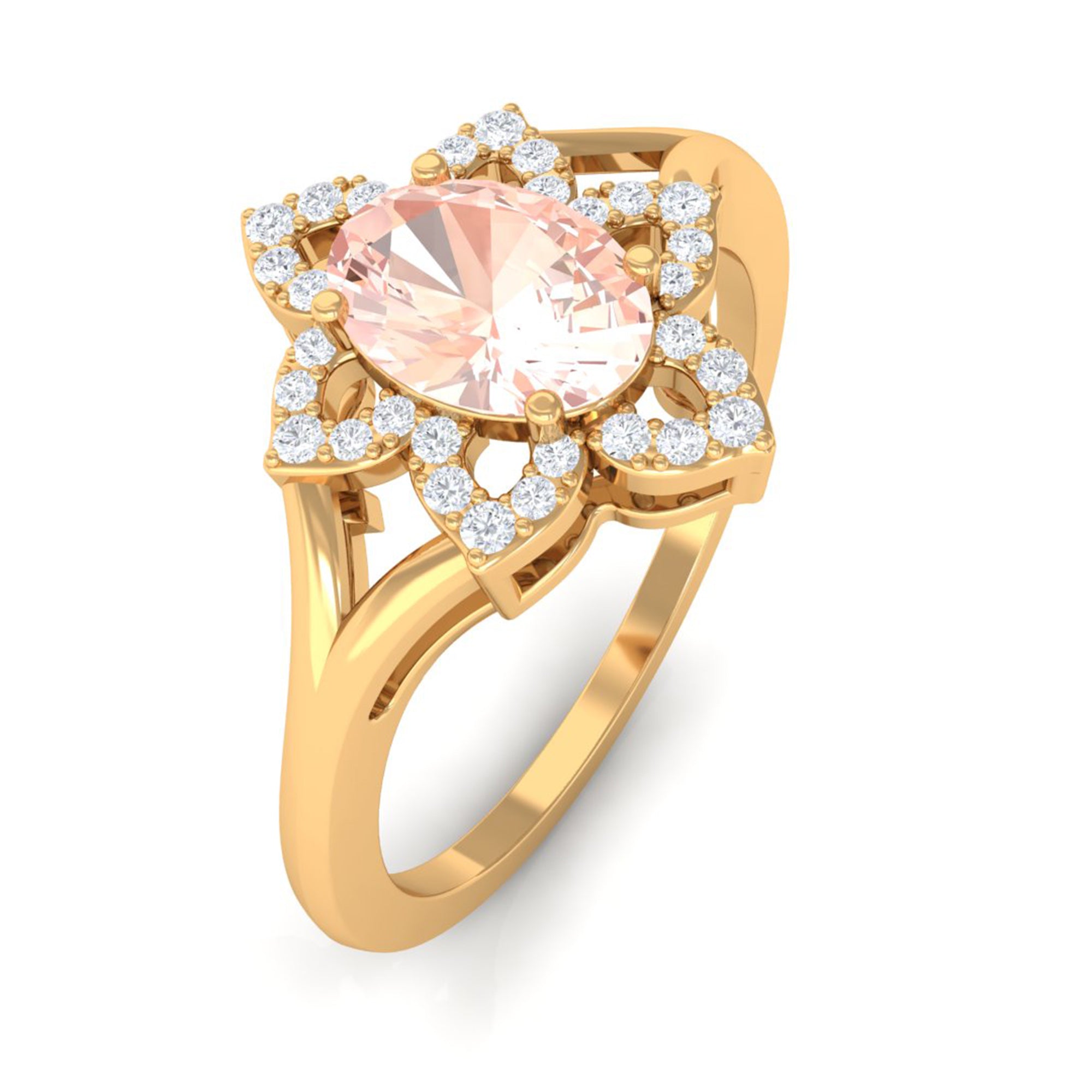 Oval Morganite and Diamond Flower Engagement Ring in Split Shank Morganite - ( AAA ) - Quality - Rosec Jewels