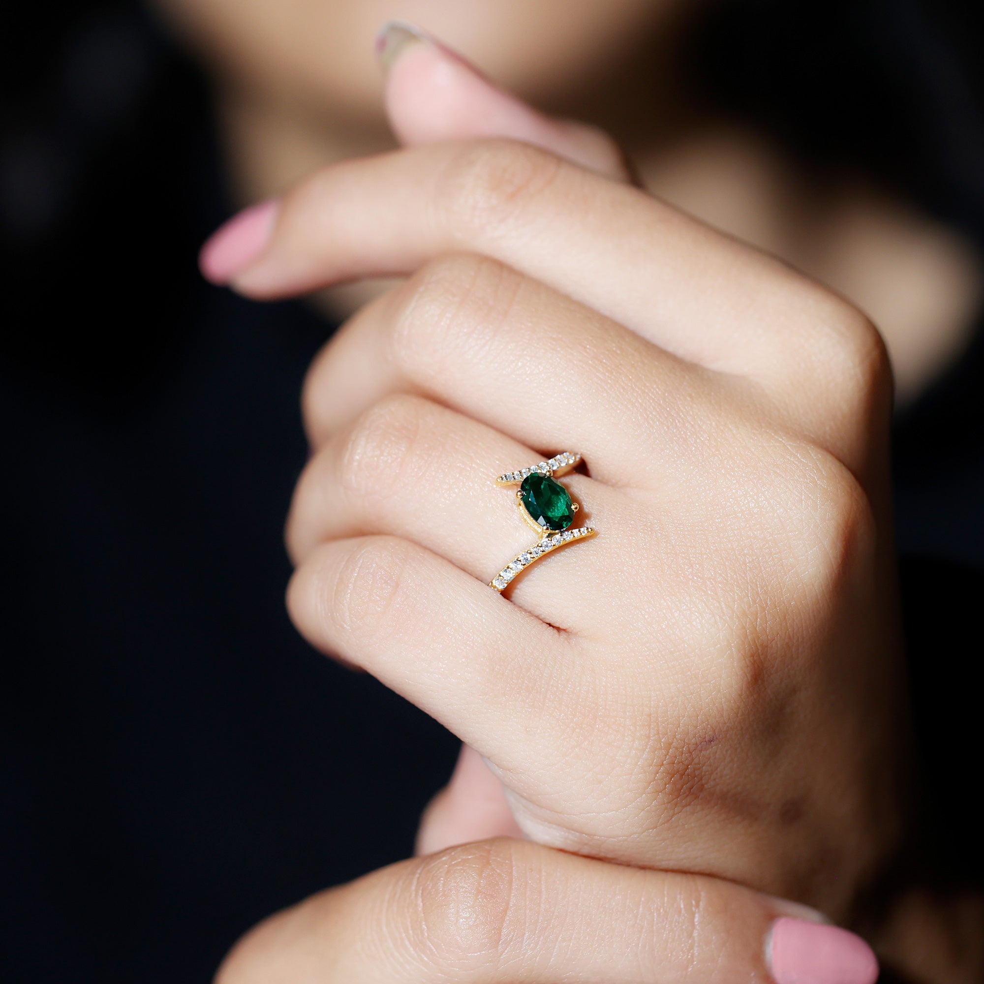 Oval Shape Lab Grown Emerald Solitaire Bypass Ring with Moissanite Lab Created Emerald - ( AAAA ) - Quality - Rosec Jewels