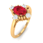 Vintage Style Oval Created Ruby Solitaire Engagement Ring with Diamond Lab Created Ruby - ( AAAA ) - Quality - Rosec Jewels