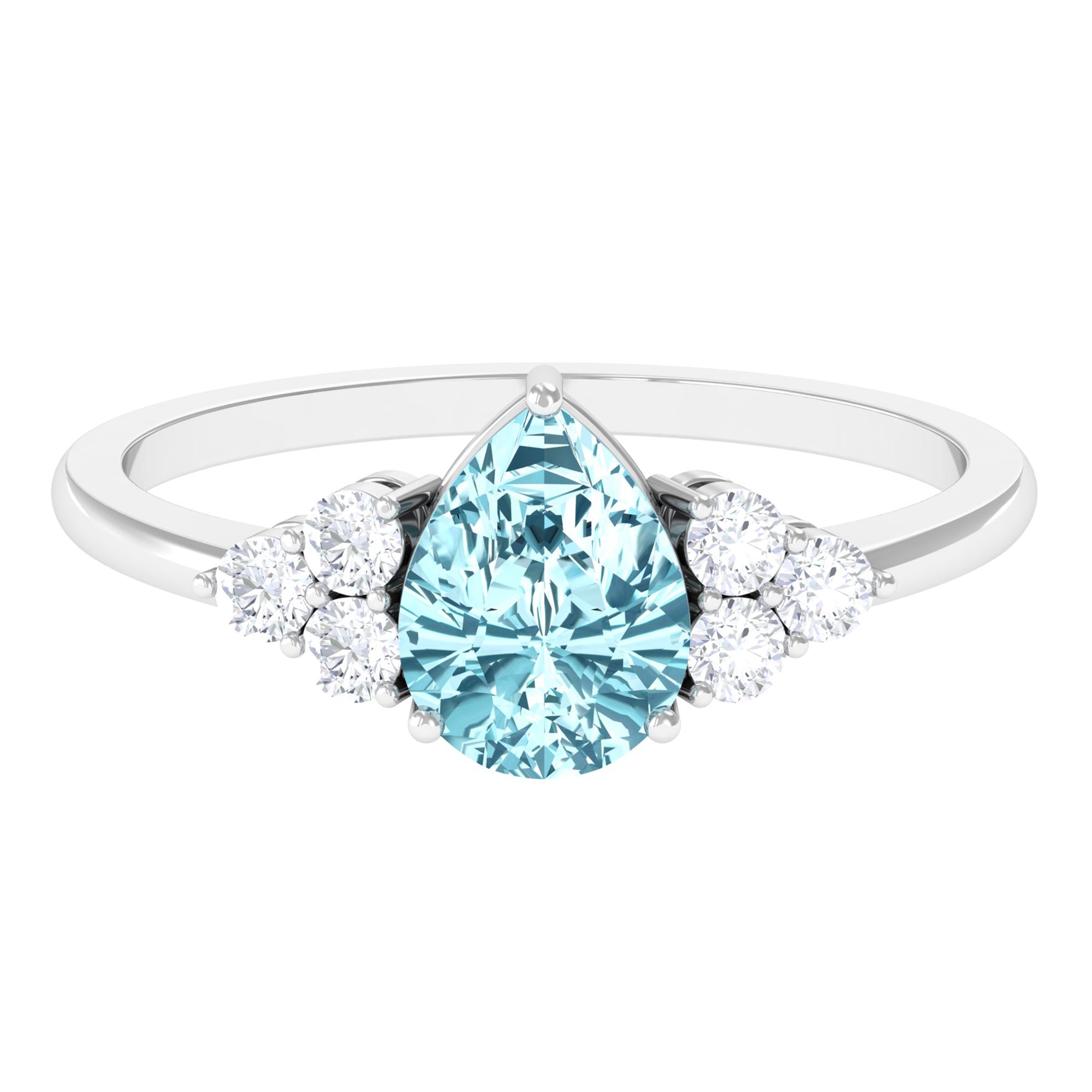 Classic Pear Shape Aquamarine Solitaire Ring with Diamond Trio Aquamarine - ( AAA ) - Quality - Rosec Jewels