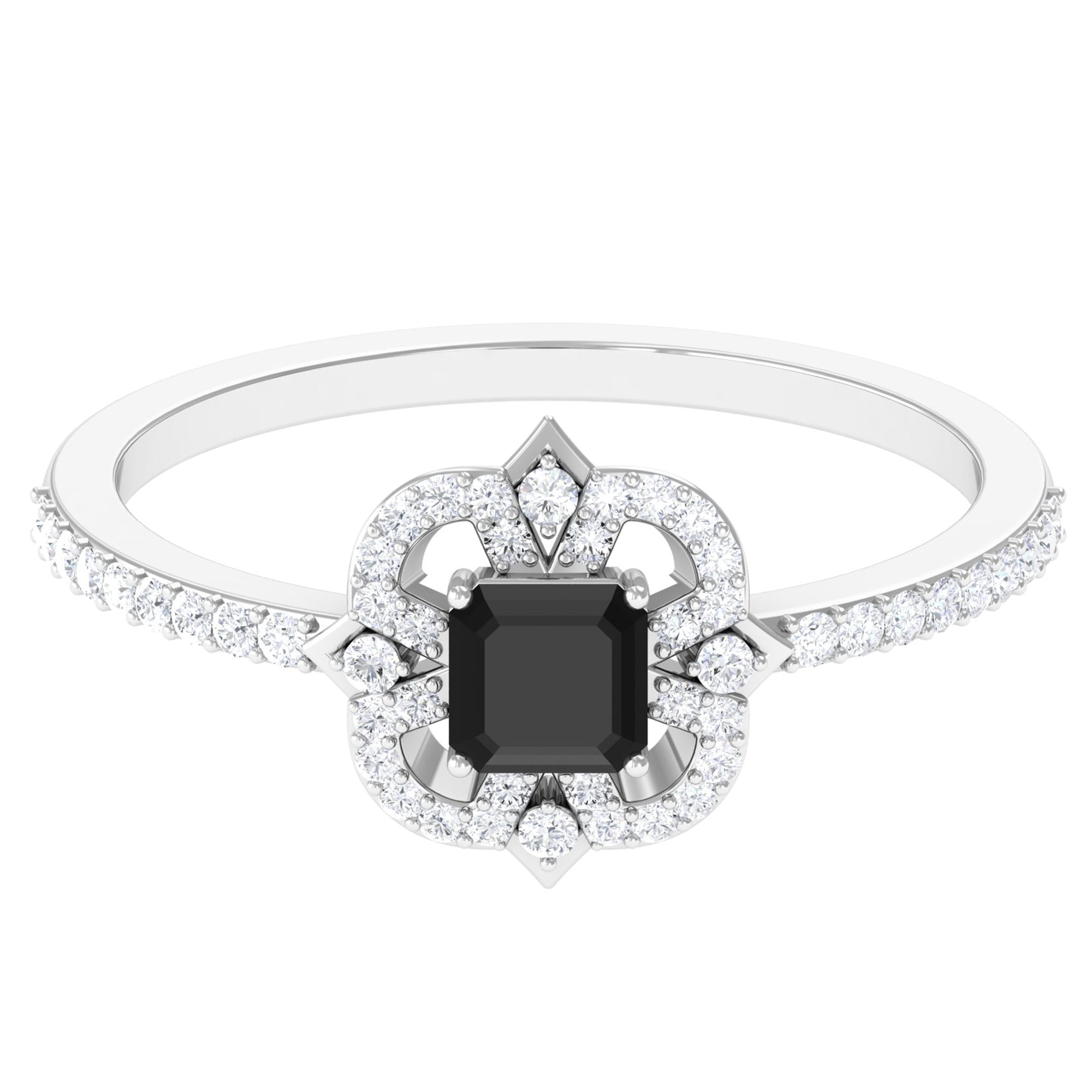 Asscher Cut Created Black Diamond Statement Engagement Ring with Diamond Lab Created Black Diamond - ( AAAA ) - Quality - Rosec Jewels