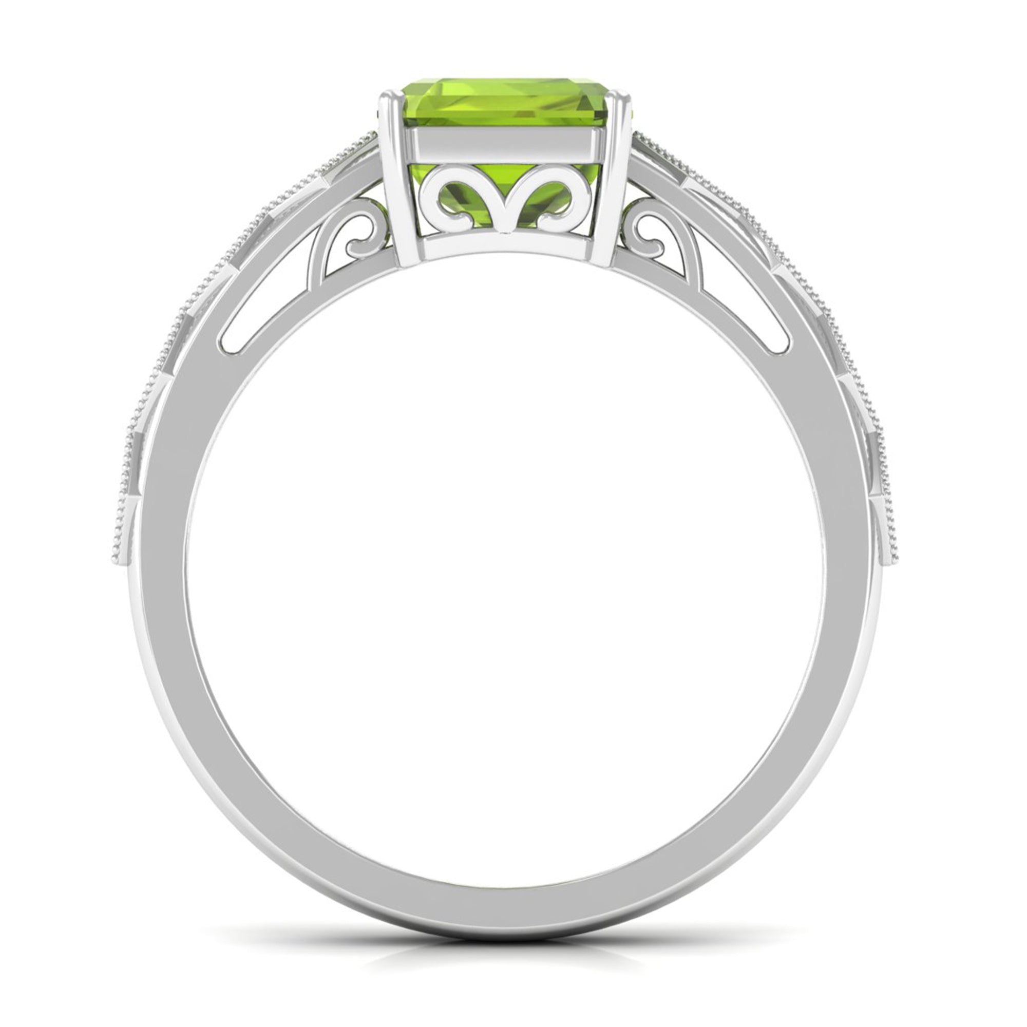 Asscher Cut Peridot Beaded Engagement Ring with Diamond Peridot - ( AAA ) - Quality - Rosec Jewels