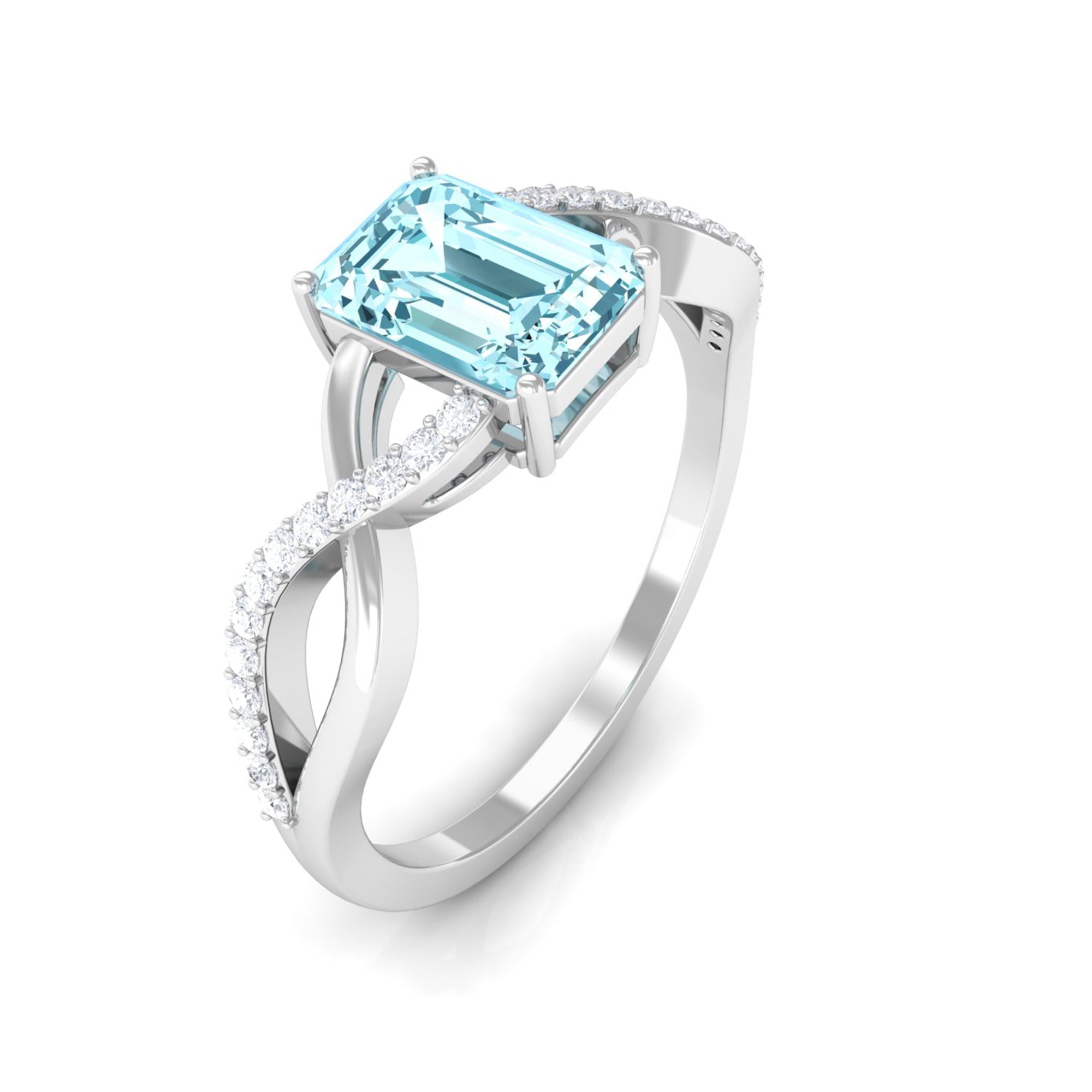 Octagon Aquamarine and Diamond Crossover Engagement Ring Aquamarine - ( AAA ) - Quality - Rosec Jewels