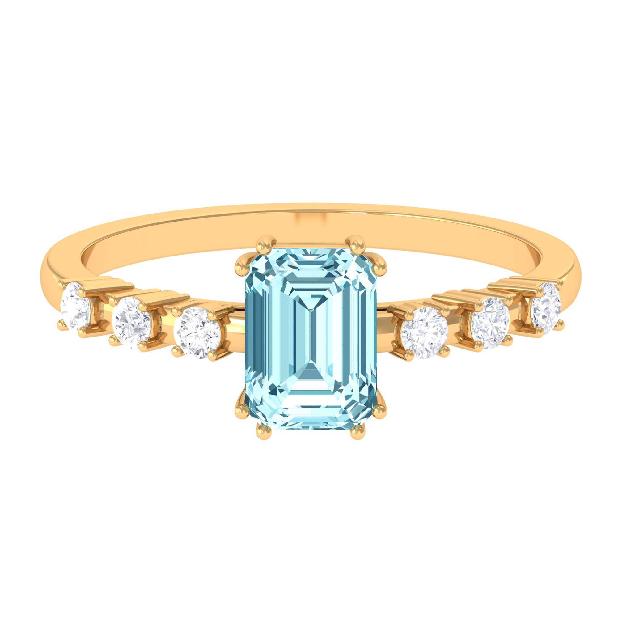 Emerald Cut Aquamarine Solitaire Engagement Ring with Diamond Aquamarine - ( AAA ) - Quality - Rosec Jewels