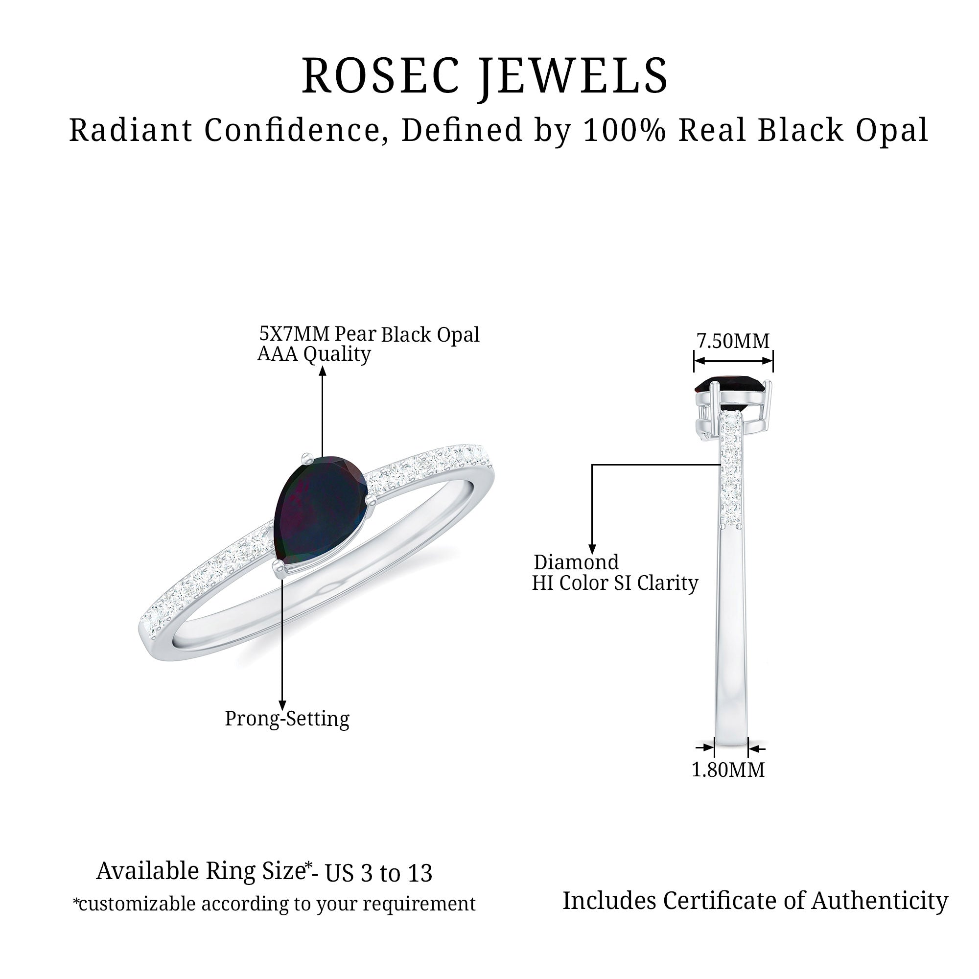 1 CT Real Black Opal Solitaire Teardrop Ring with Diamond Side Stones Black Opal - ( AAA ) - Quality - Rosec Jewels