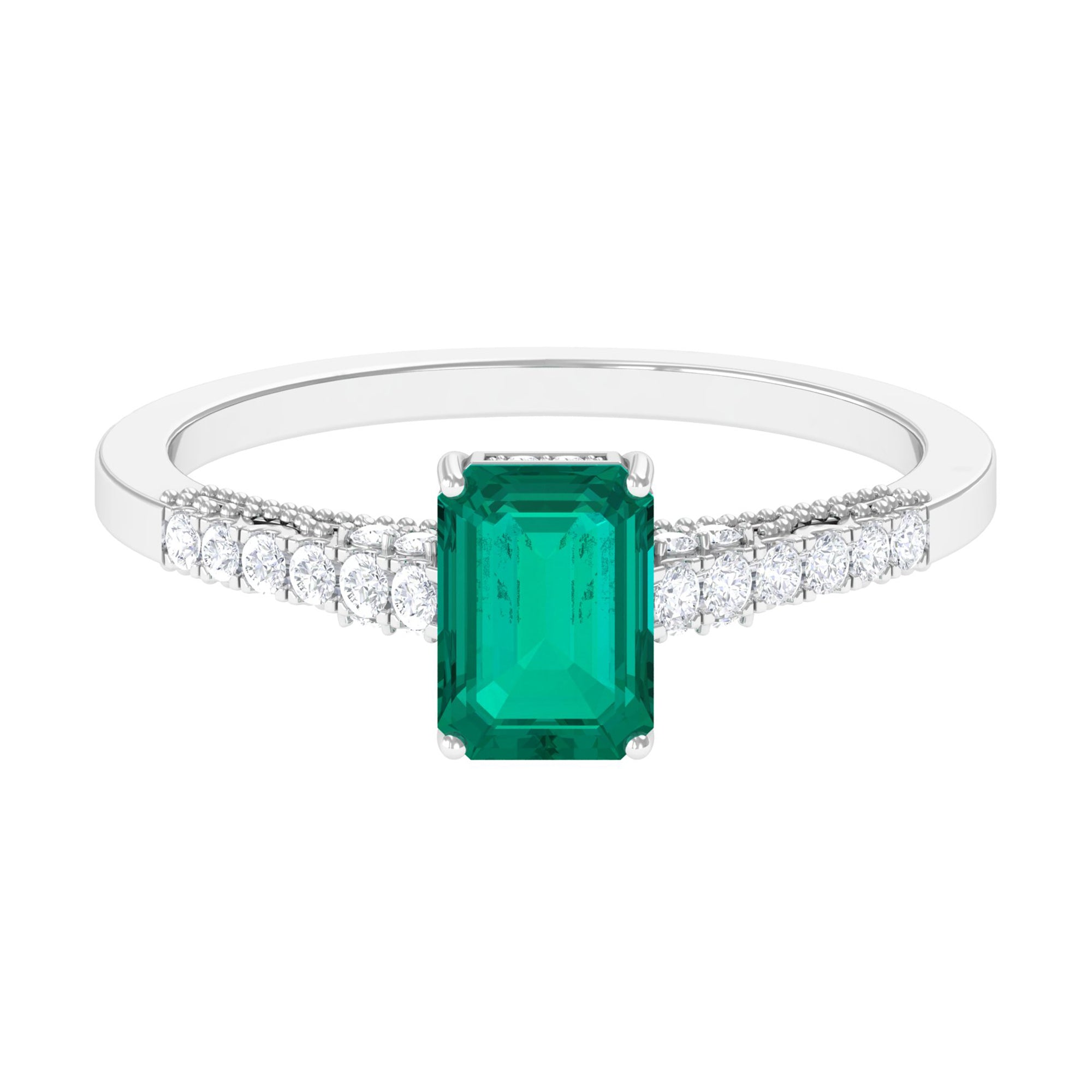 1 CT Octagon shape Emerald Classic Engagement Ring with Diamond Side Stones Emerald - ( AAA ) - Quality - Rosec Jewels