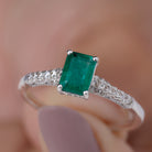 1 CT Octagon shape Emerald Classic Engagement Ring with Diamond Side Stones Emerald - ( AAA ) - Quality - Rosec Jewels