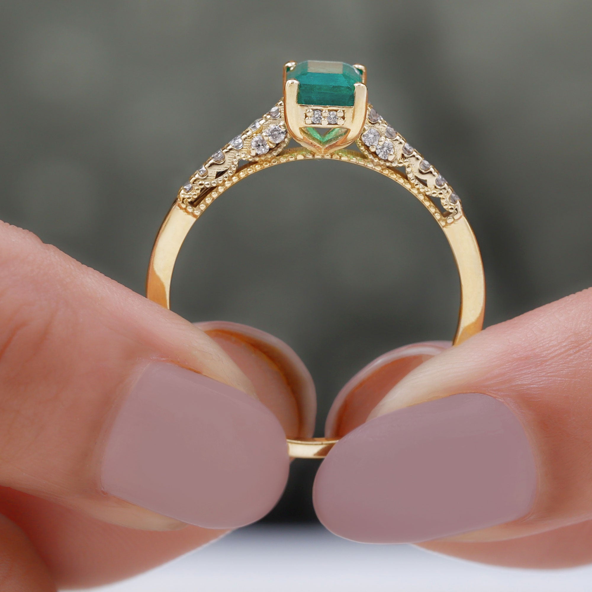 1 CT Octagon shape Emerald Classic Engagement Ring with Diamond Side Stones Emerald - ( AAA ) - Quality - Rosec Jewels