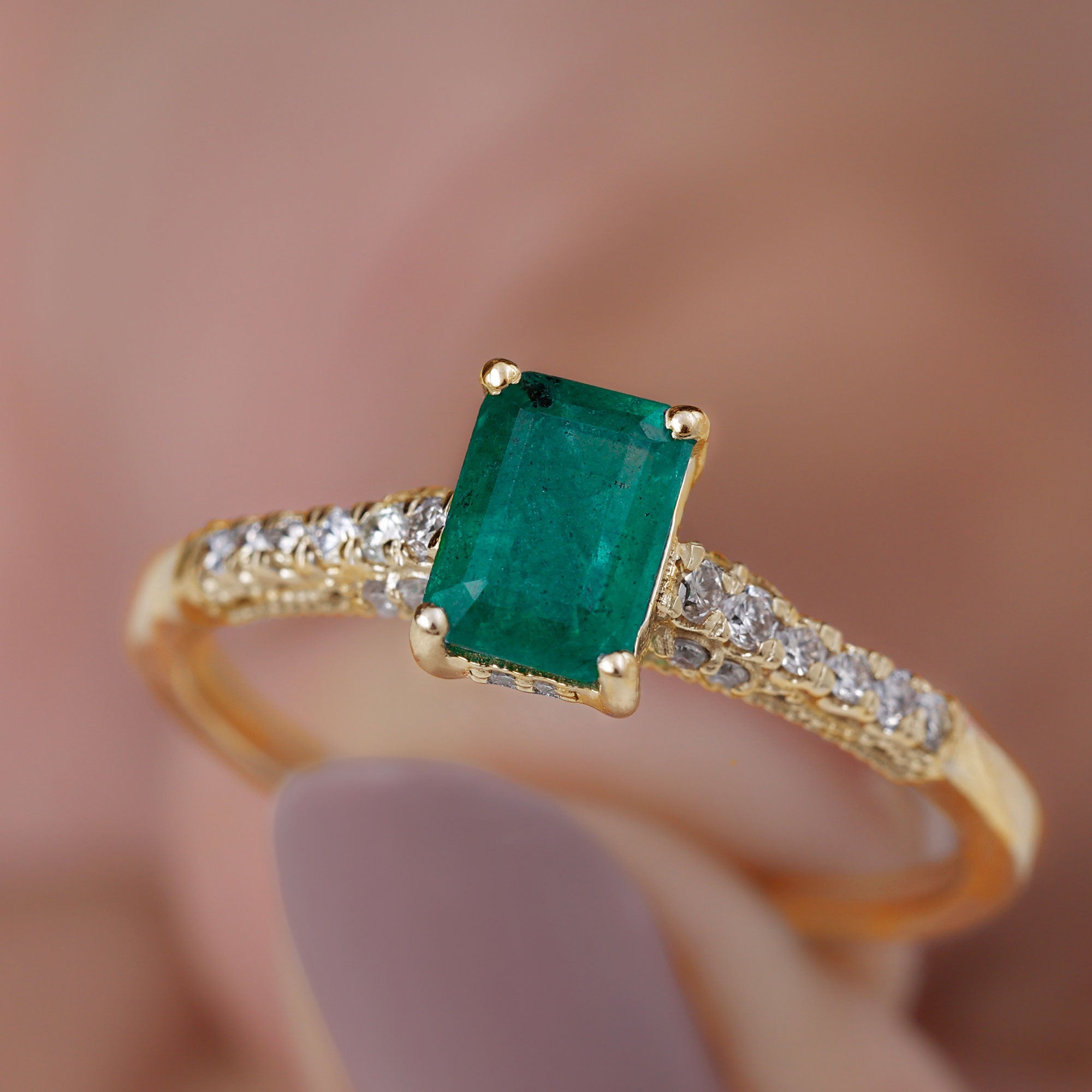 1 CT Octagon shape Emerald Classic Engagement Ring with Diamond Side Stones Emerald - ( AAA ) - Quality - Rosec Jewels