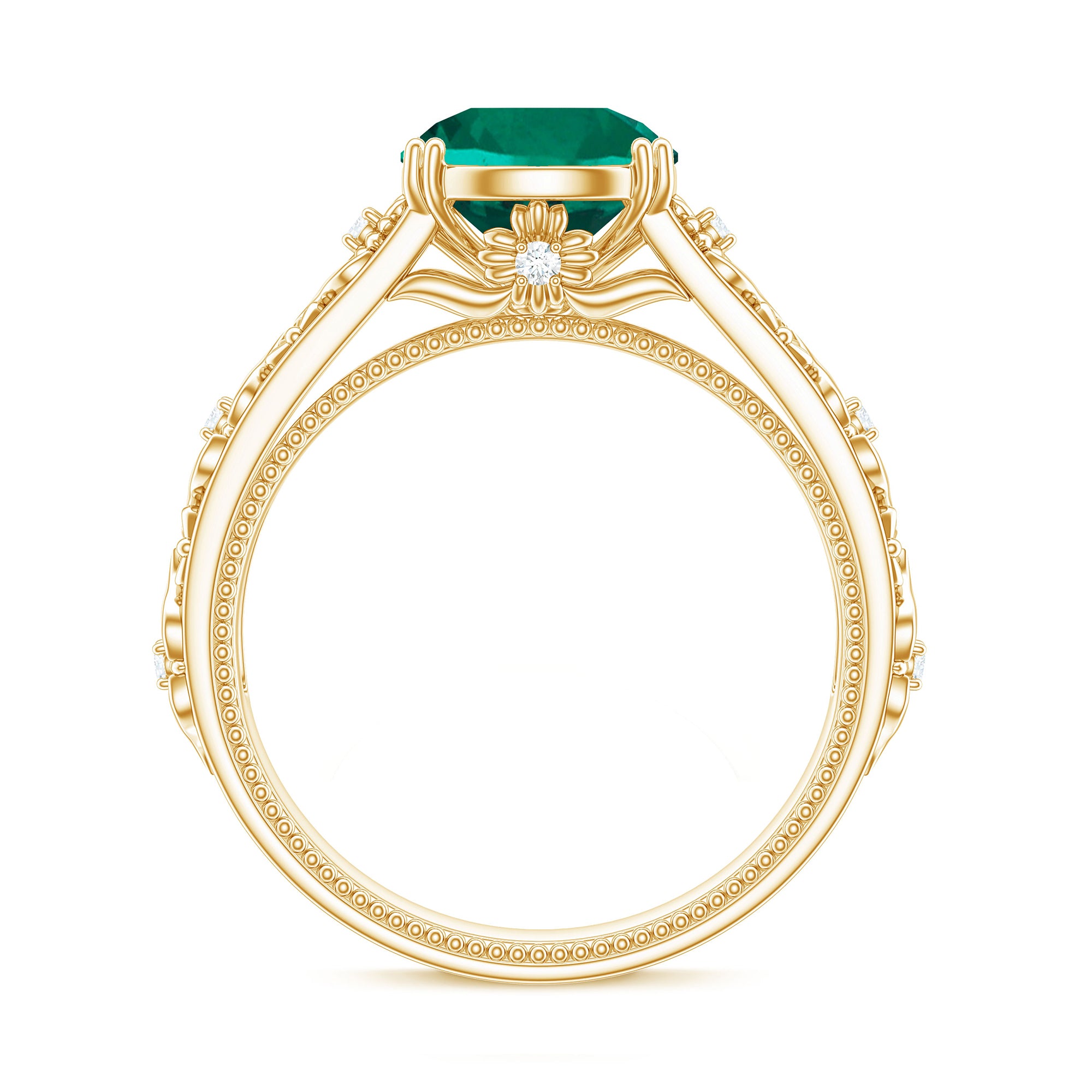 Solitaire Created Emerald Flower Engagement Ring with Diamond Lab Created Emerald - ( AAAA ) - Quality - Rosec Jewels