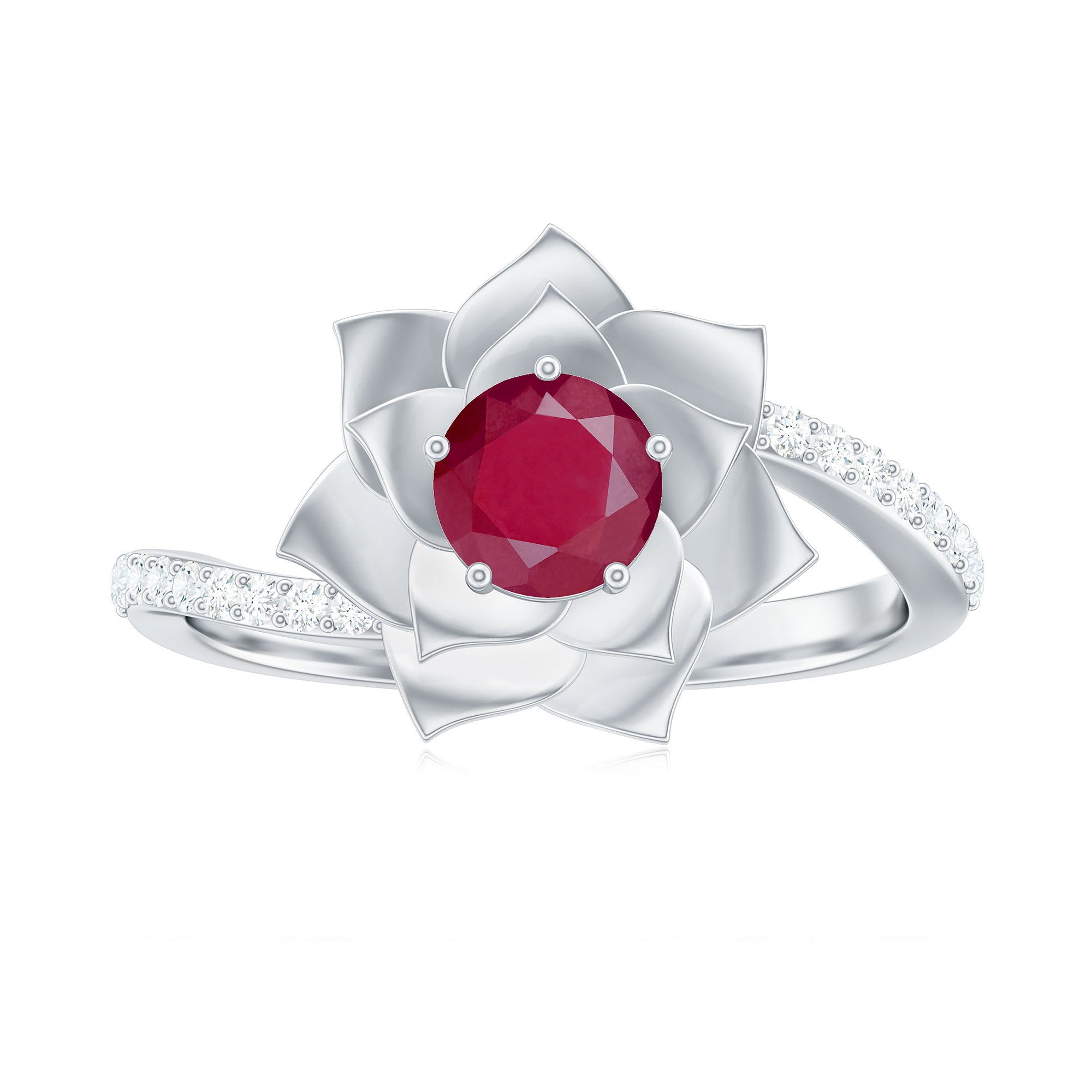 Real Ruby and Diamond Flower Ring with Bypass Shank Ruby - ( AAA ) - Quality - Rosec Jewels