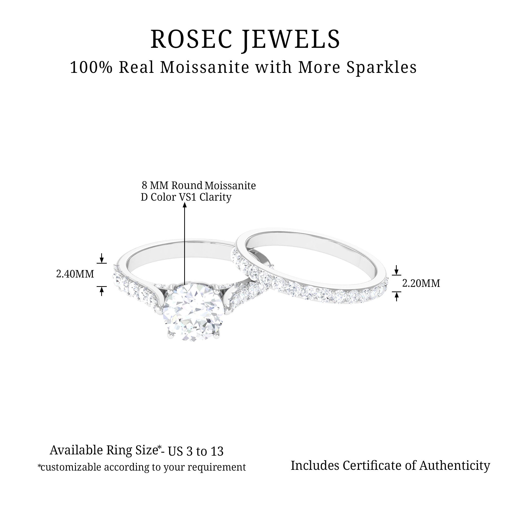 4.25 CT Moissanite Solitaire Eternity Engagement Ring Set Moissanite - ( D-VS1 ) - Color and Clarity - Rosec Jewels