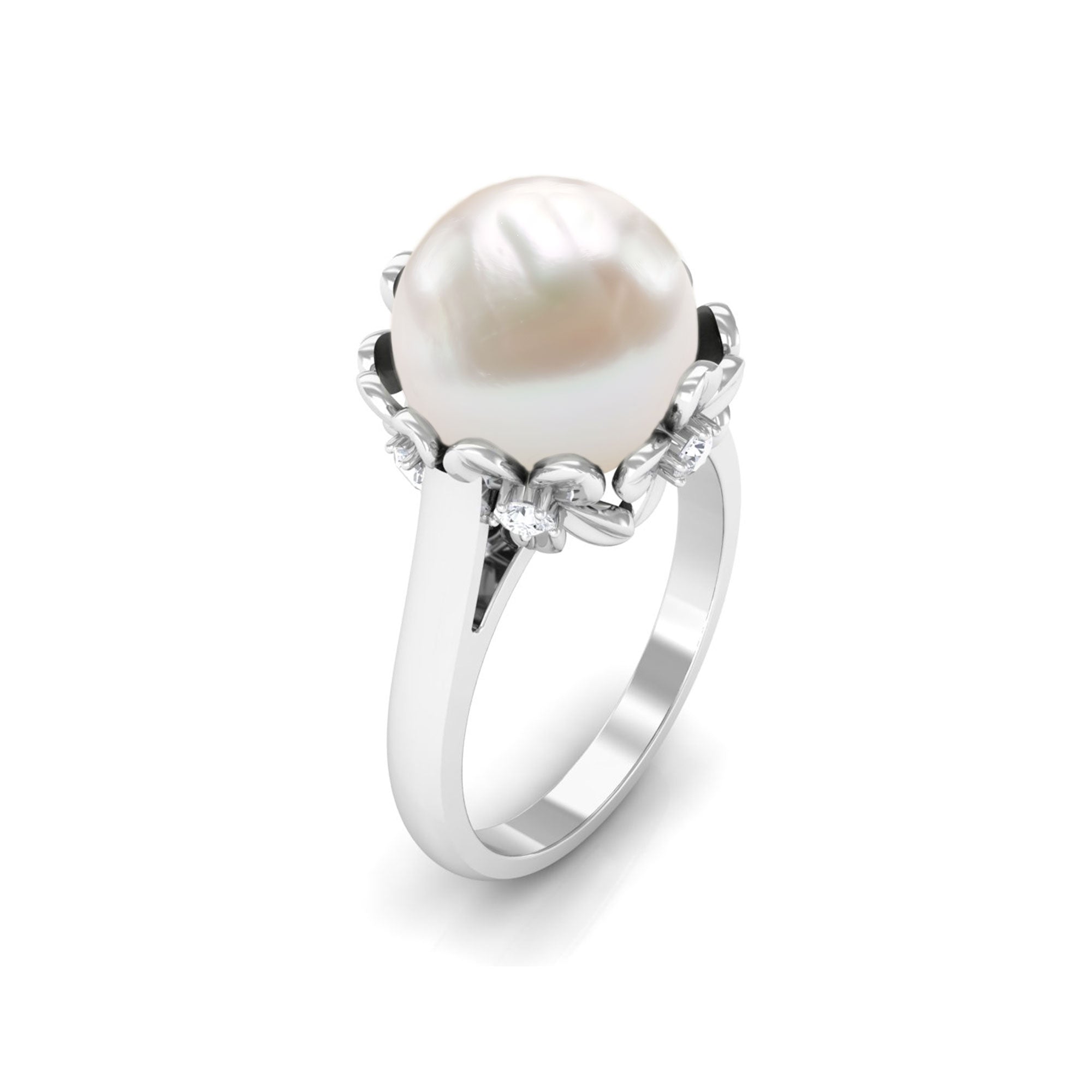 Rosec Jewels-Floral Set Freshwater Pearl Solitaire Ring with Diamond Accent