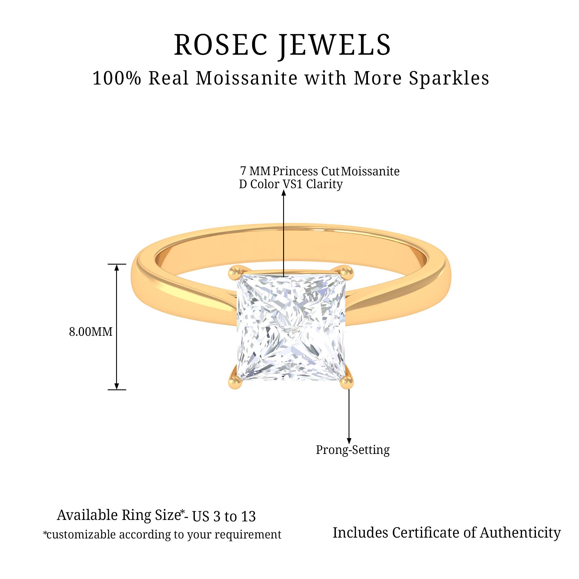 7 MM Princess Cut Solitaire and Hidden Moissanite Ring Moissanite - ( D-VS1 ) - Color and Clarity - Rosec Jewels