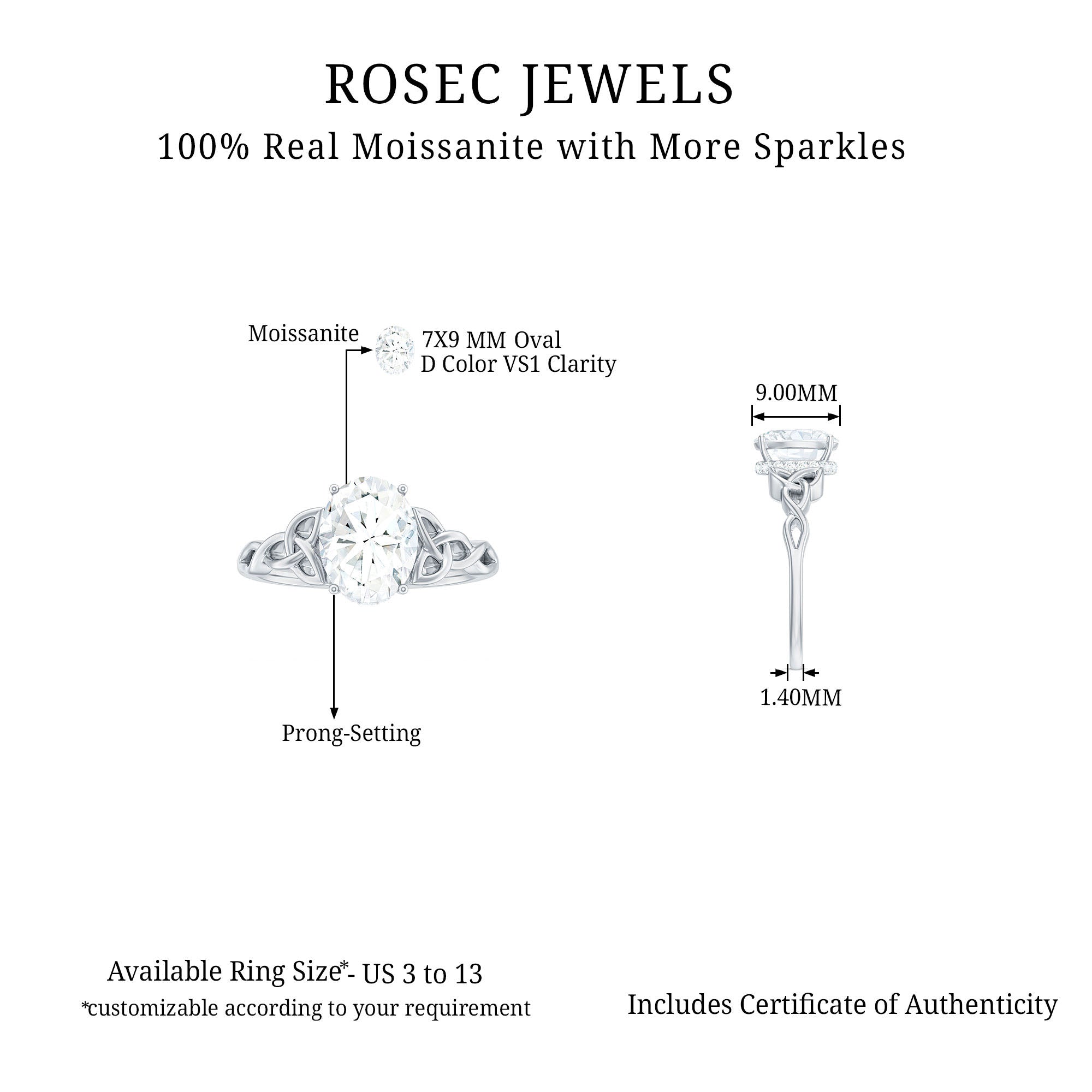 Rosec Jewels-2.50 CT Certified Moissanite Solitaire Celtic Ring with Hidden Halo