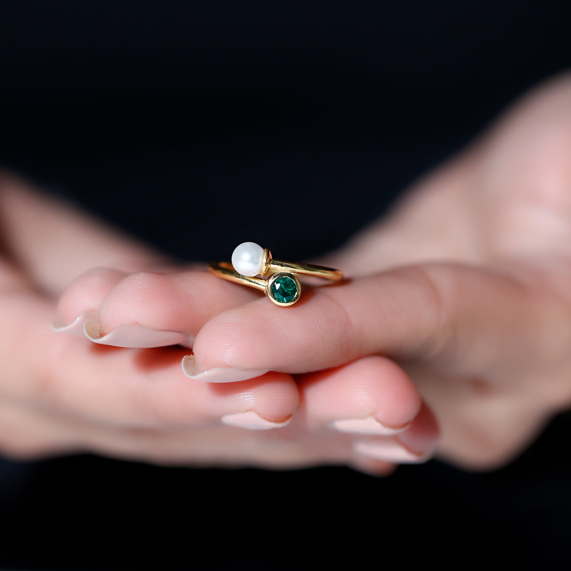 3/4 CT Freshwater Pearl and Created Emerald Two Stone Ring in Gold Freshwater Pearl - ( AAA ) - Quality - Rosec Jewels