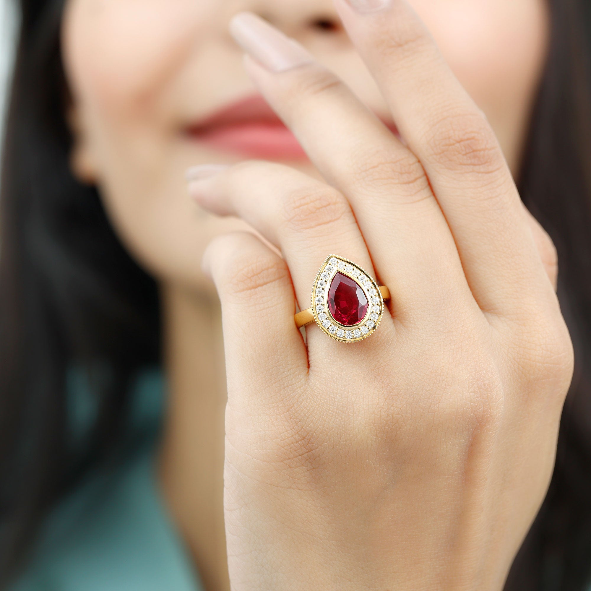 Vintage Style Created Ruby Teardrop Engagement Ring with Diamond Halo Lab Created Ruby - ( AAAA ) - Quality - Rosec Jewels