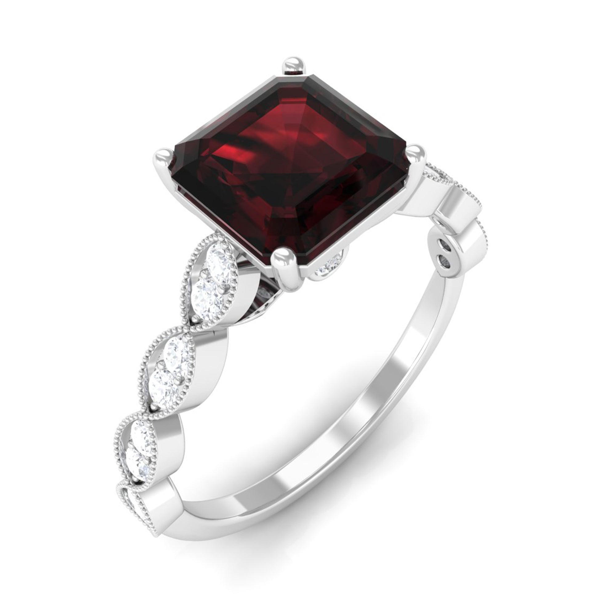 1.5 CT Asscher Cut Garnet Solitaire Engagement Ring with Diamond Side Stones Garnet - ( AAA ) - Quality - Rosec Jewels