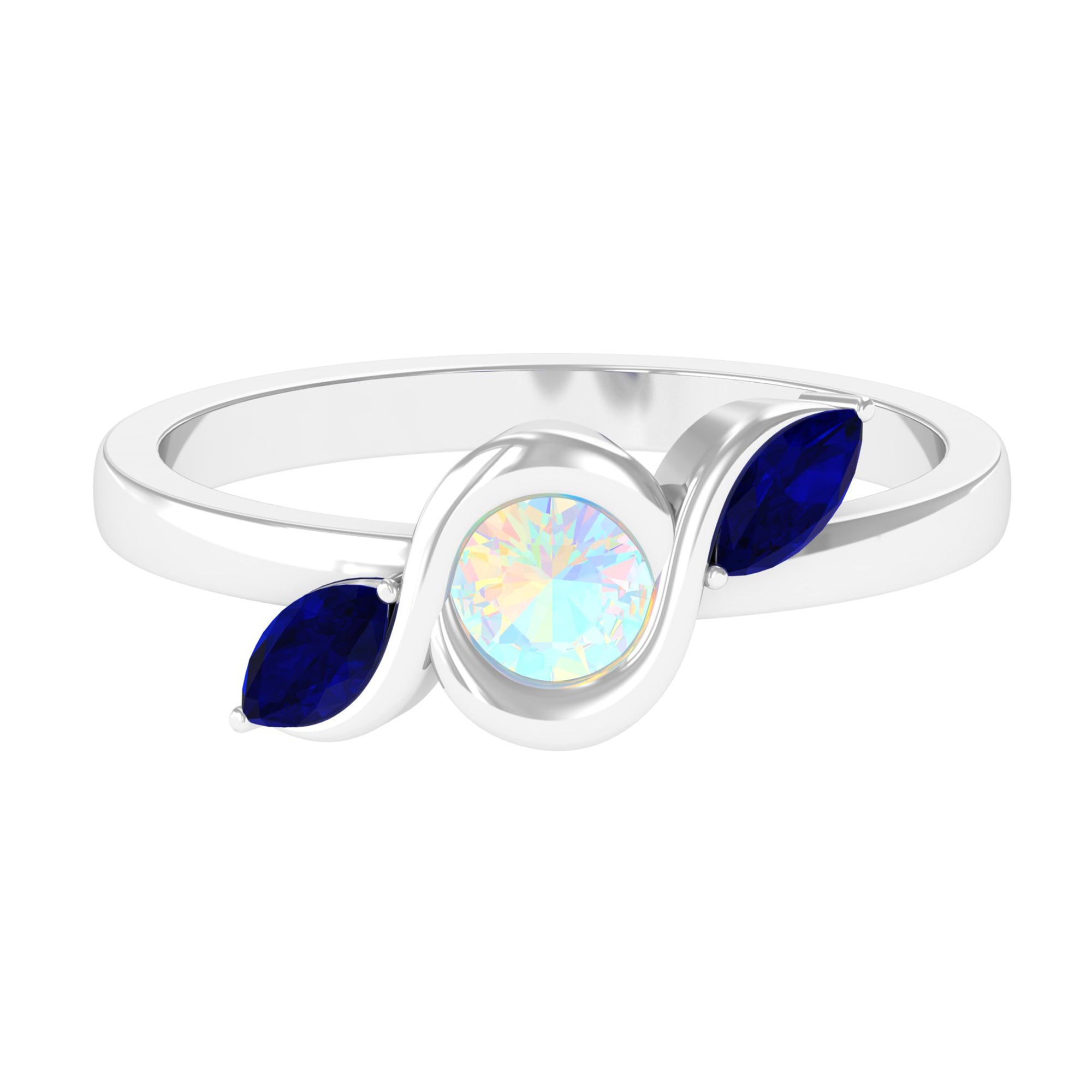 Minimal Ethiopian Opal and Blue Sapphire Leaf Promise Ring Ethiopian Opal - ( AAA ) - Quality - Rosec Jewels