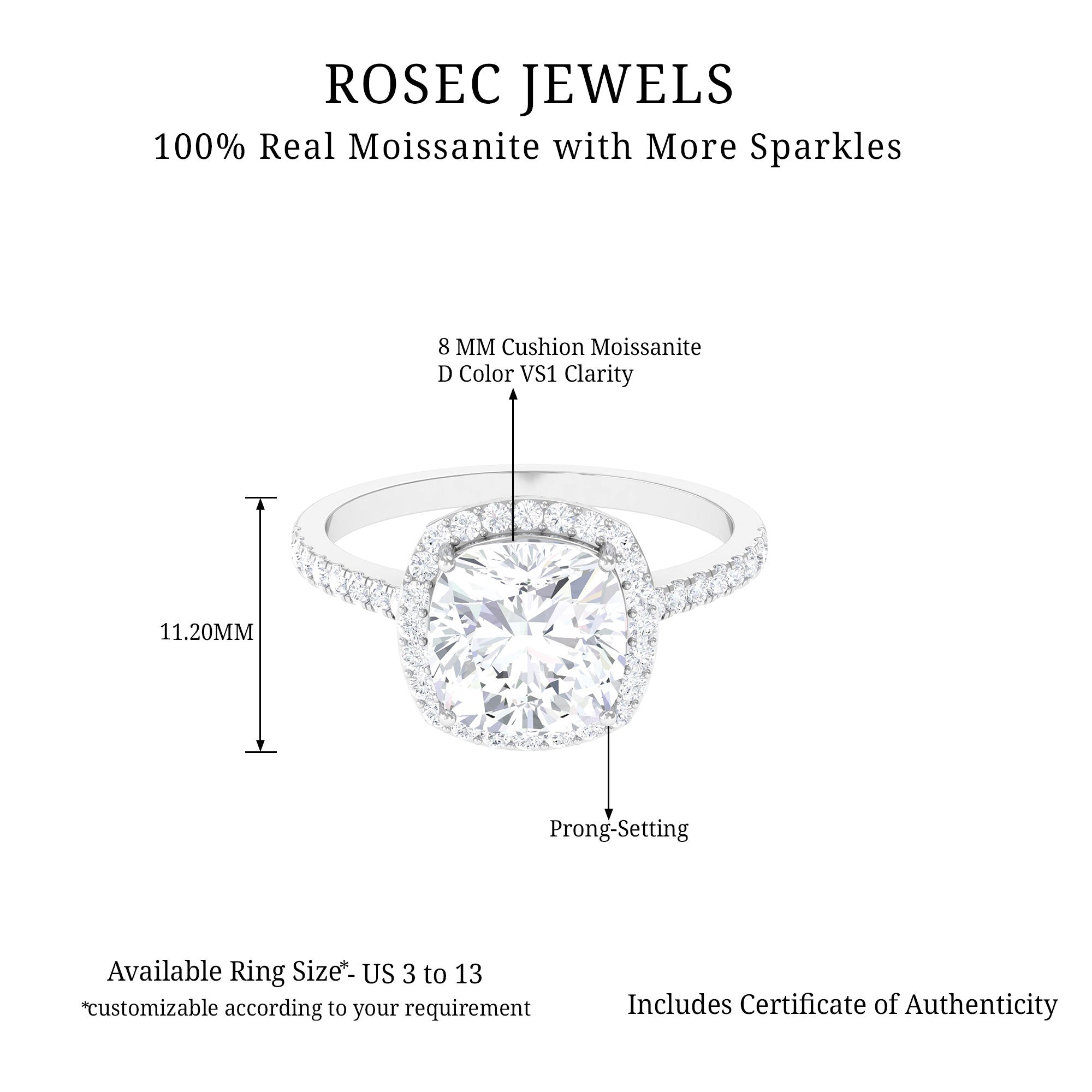 Millie Bobby Brown Inspired Moissanite Halo Engagement Ring Moissanite - ( D-VS1 ) - Color and Clarity - Rosec Jewels