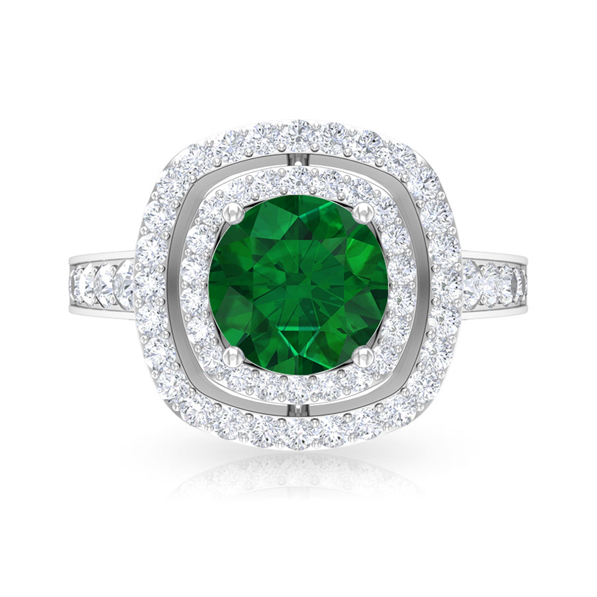 Certified Lab Grown Emerald Double Halo Engagement Ring With Moissanite Lab Created Emerald - ( AAAA ) - Quality - Rosec Jewels