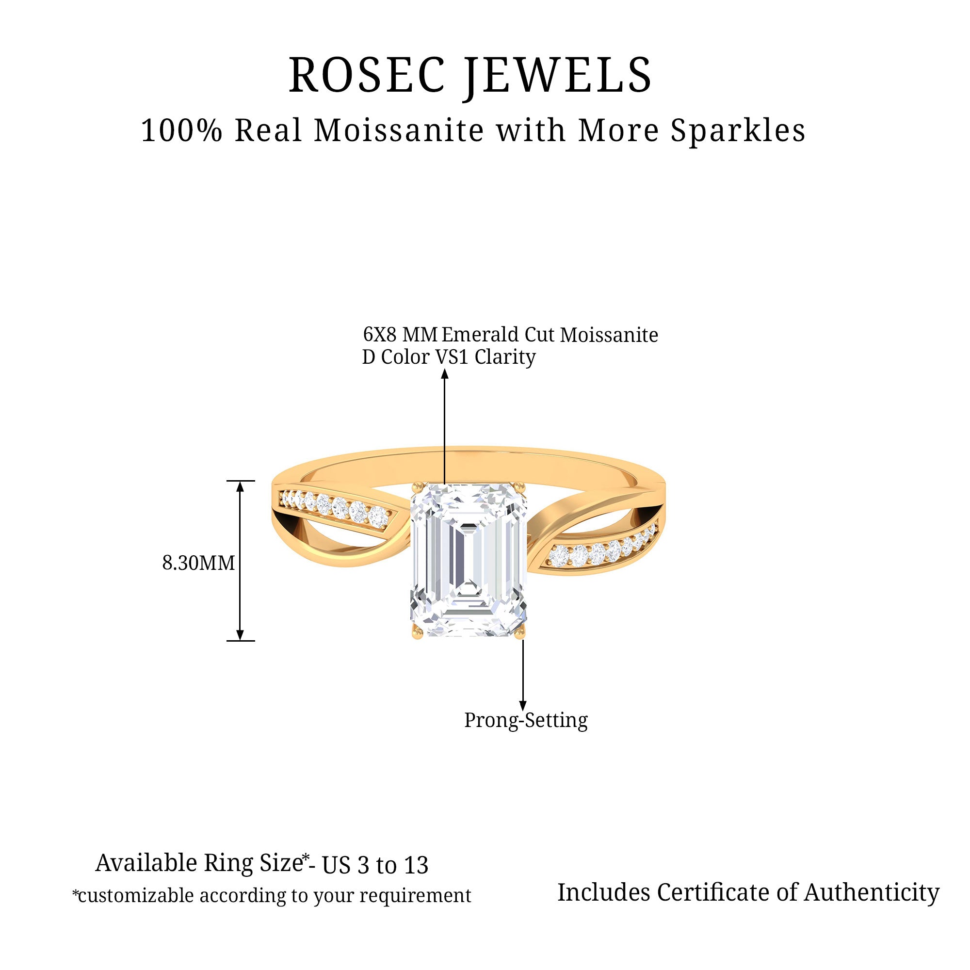 Emerald Cut Moissanite Solitaire Infinity Ring Moissanite - ( D-VS1 ) - Color and Clarity - Rosec Jewels