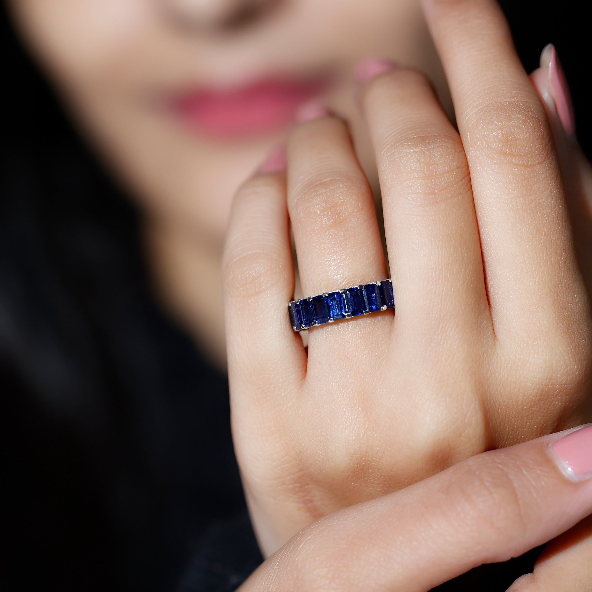 Emerald Cut Lab Grown Blue Sapphire Eternity Band Ring Lab Created Blue Sapphire - ( AAAA ) - Quality - Rosec Jewels