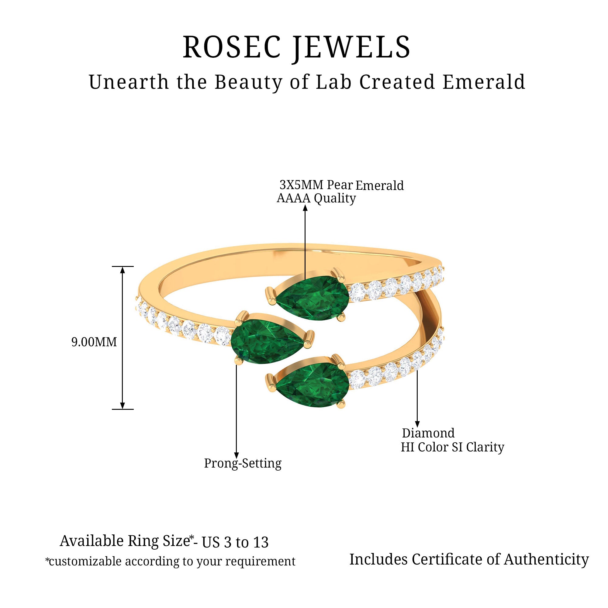 3 Stone Pear Shape Created Emerald Wrap Ring with Diamond Lab Created Emerald - ( AAAA ) - Quality - Rosec Jewels