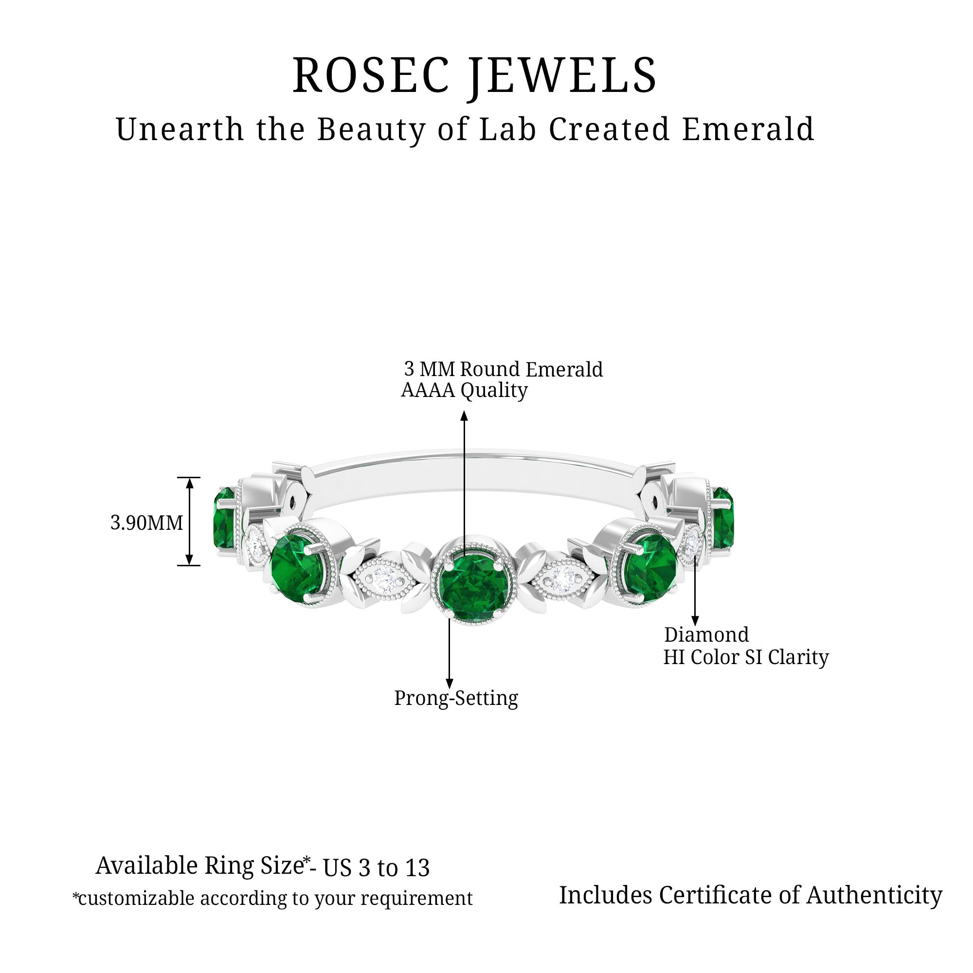 Floral Inspired Lab Grown Emerald and Diamond Half Eternity Ring Lab Created Emerald - ( AAAA ) - Quality - Rosec Jewels