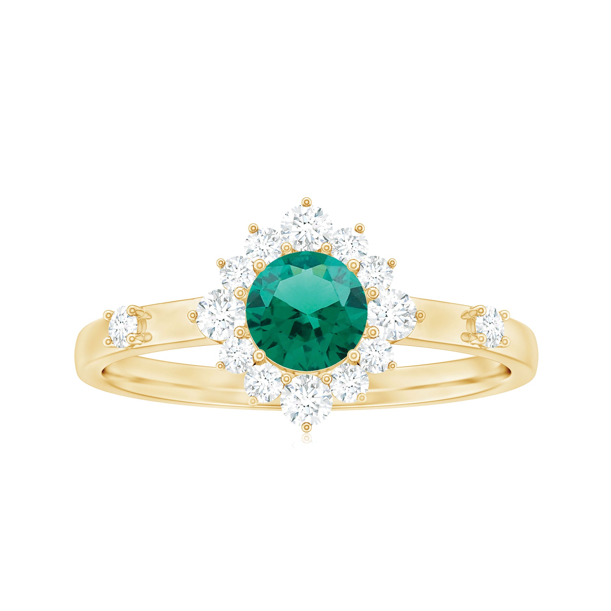 1 CT Round Created Emerald Classic Halo Engagement Ring with Diamond Lab Created Emerald - ( AAAA ) - Quality - Rosec Jewels