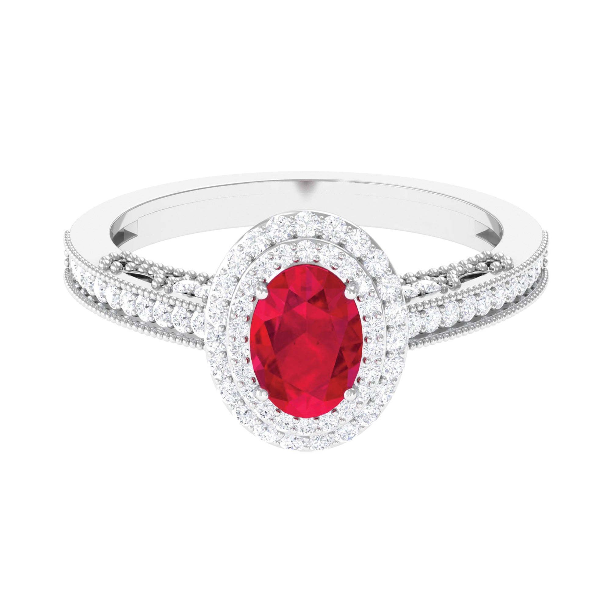 Oval Created Ruby Double Halo Engagement Ring with Diamond Lab Created Ruby - ( AAAA ) - Quality - Rosec Jewels