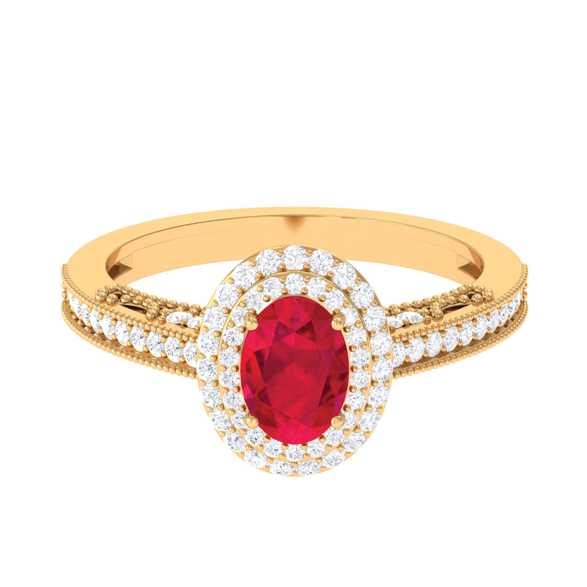 Oval Created Ruby Double Halo Engagement Ring with Diamond Lab Created Ruby - ( AAAA ) - Quality - Rosec Jewels