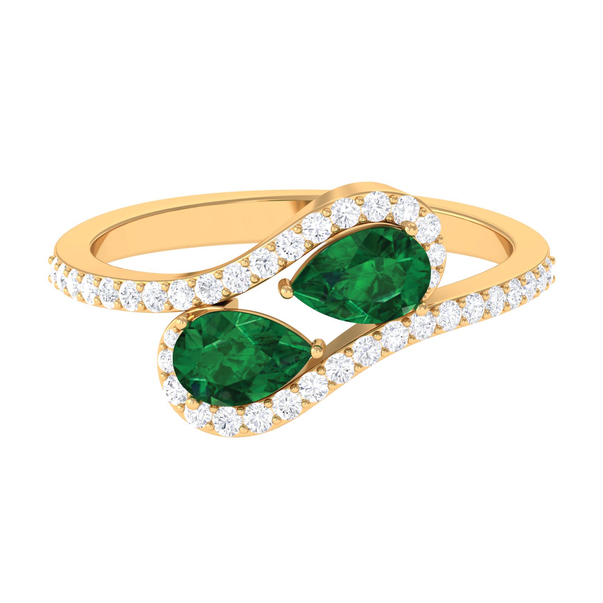 Pear Shape Created Emerald and Diamond Bypass Engagement Ring Lab Created Emerald - ( AAAA ) - Quality - Rosec Jewels