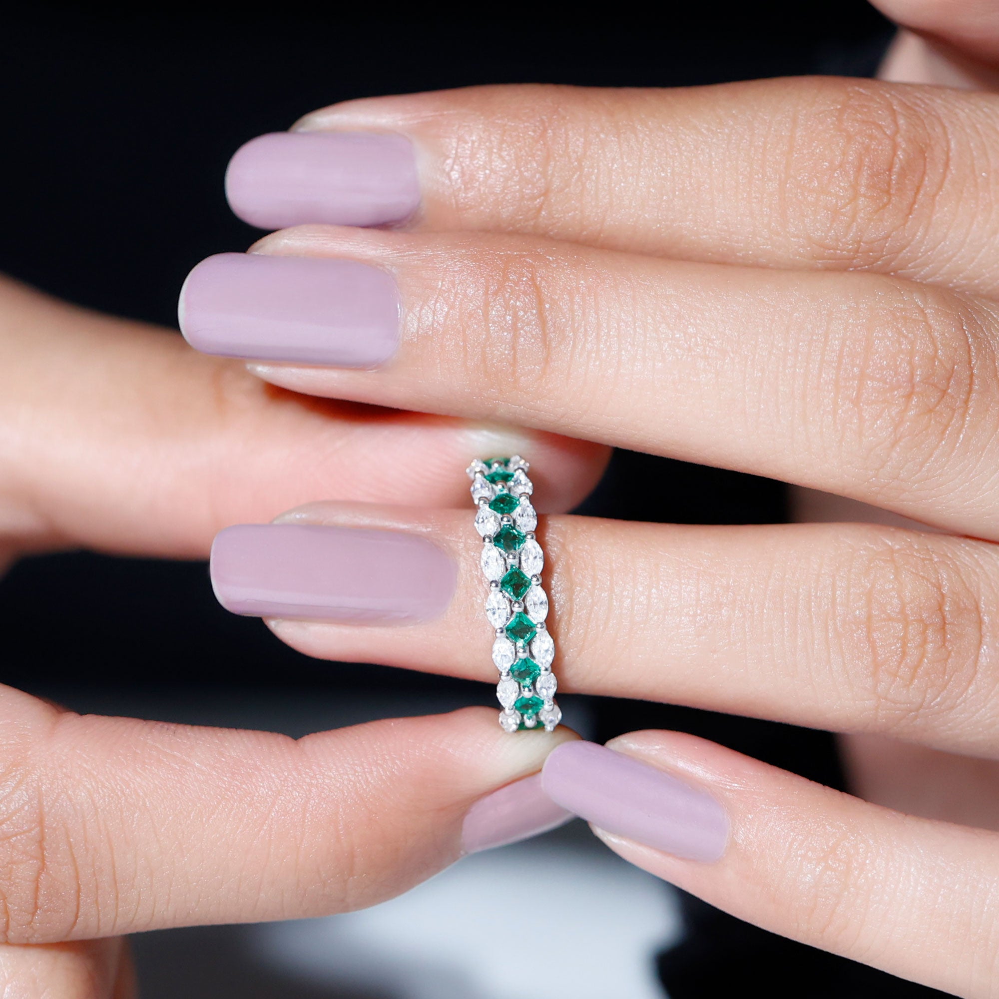 Rosec Jewels-Designer Lab Created Emerald Half Eternity Band with Moissanite