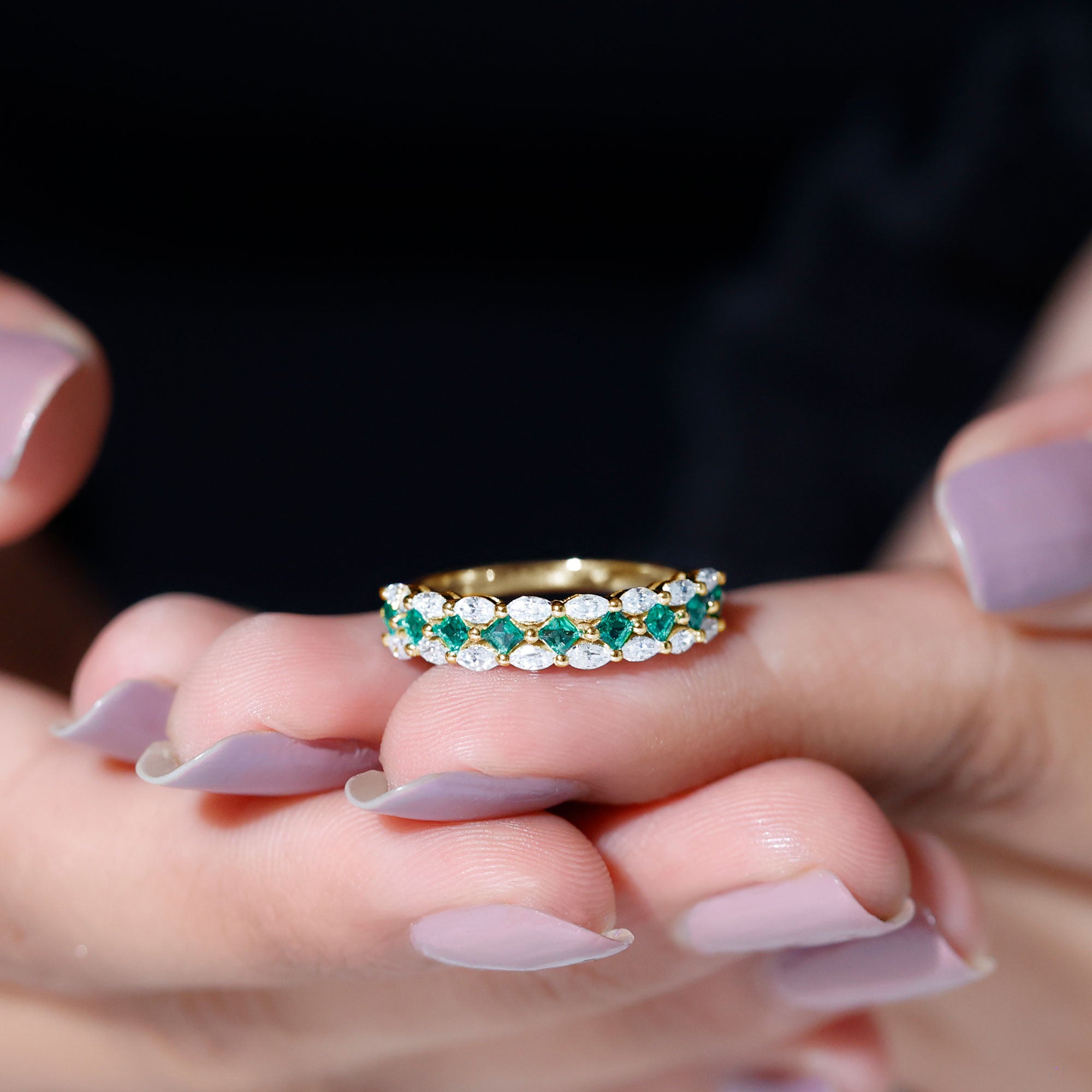 Rosec Jewels-Designer Lab Created Emerald Half Eternity Band with Moissanite