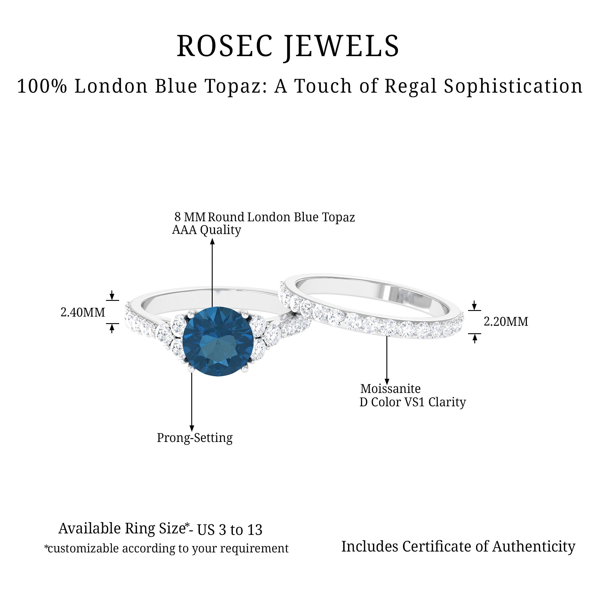 Engagement Ring Set with London Blue Topaz and Moissanite London Blue Topaz - ( AAA ) - Quality - Rosec Jewels