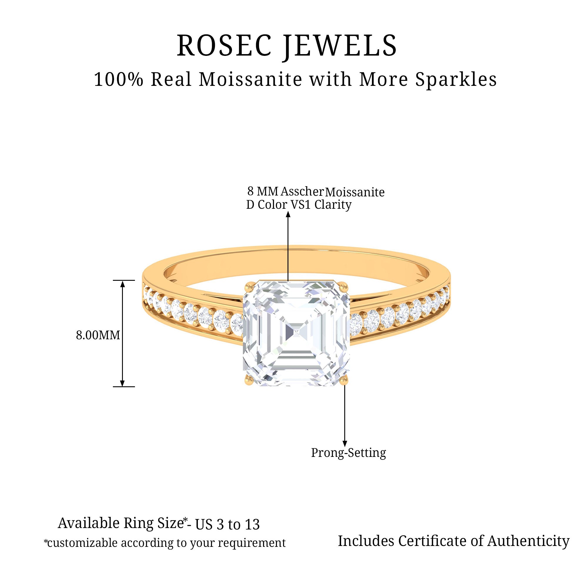 1.75 CT Asscher Cut Moissanite Solitaire Ring with Side Stones Moissanite - ( D-VS1 ) - Color and Clarity - Rosec Jewels