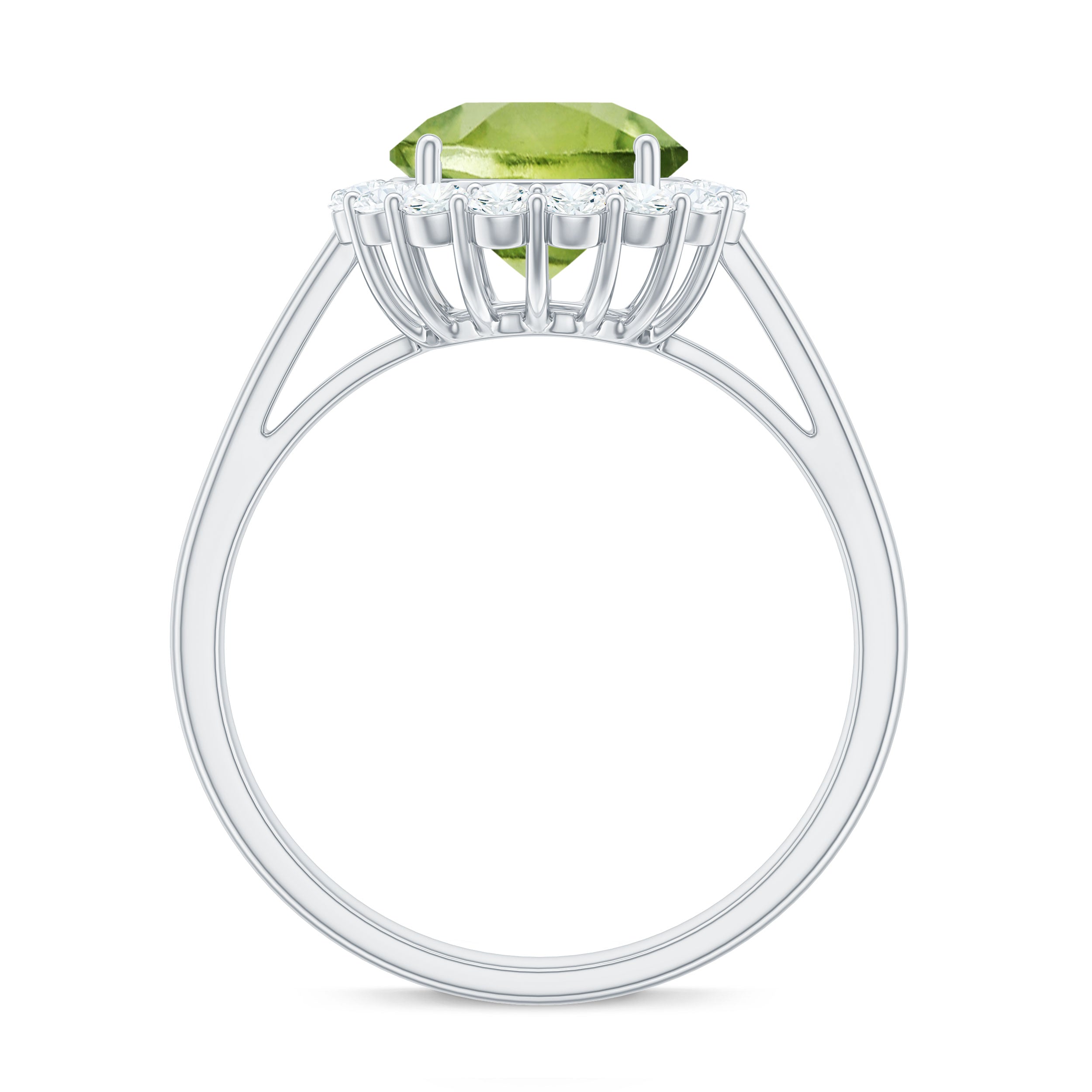 Round Peridot Simple Halo Engagement Ring with Diamond Peridot - ( AAA ) - Quality - Rosec Jewels