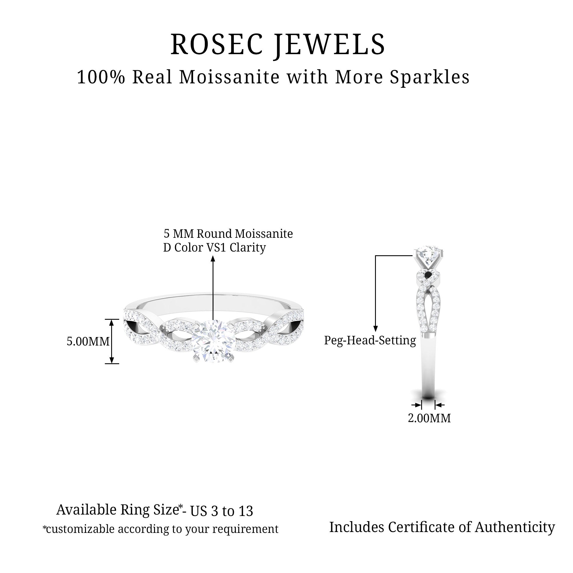 1 CT Round Shape Moissanite Crossover Infinity Ring Moissanite - ( D-VS1 ) - Color and Clarity - Rosec Jewels