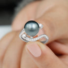 Solitaire Tahitian Pearl Bypass Engagement Ring with Diamond in Gold Tahitian pearl - ( AAA ) - Quality - Rosec Jewels