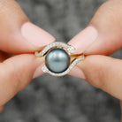 Solitaire Tahitian Pearl Bypass Engagement Ring with Diamond in Gold Tahitian pearl - ( AAA ) - Quality - Rosec Jewels