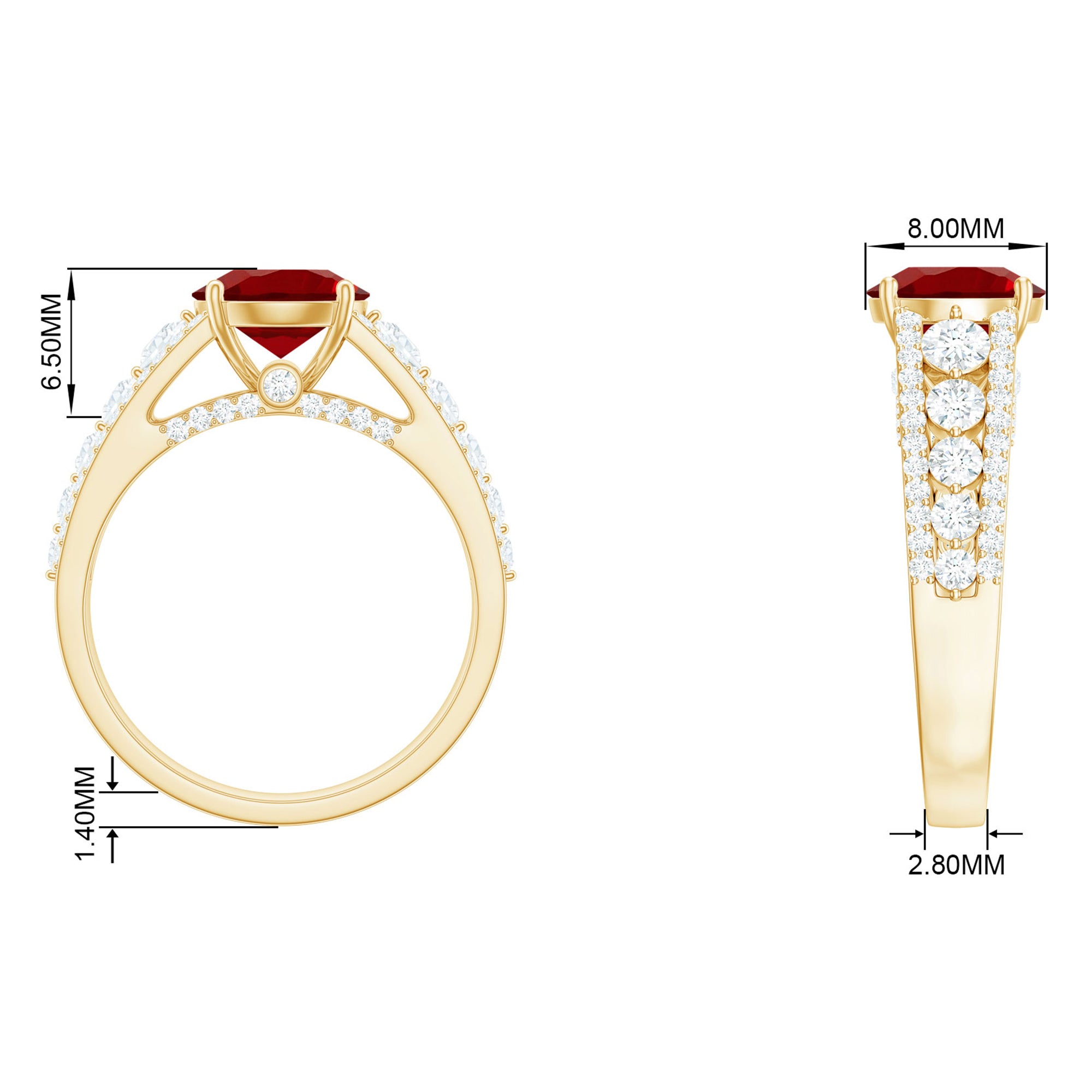 Created Ruby Statement Engagement Ring with Moissanite Side Stones Lab Created Ruby - ( AAAA ) - Quality - Rosec Jewels